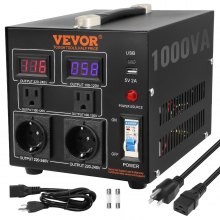 Transformador convertidor de voltaje VEVOR, 1000 W, transformador reductor/reductor de alta resistencia, convierte de 110 voltios a 220 voltios y de 220 voltios a 110 voltios, con salida de EE. UU., puerto USB de 5 V, certificado CE