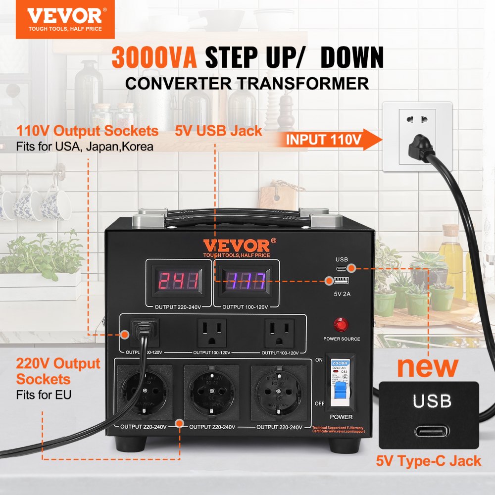 transformador de voltaje VEVOR 3000va, con tomas de salida de 110v y 220v.