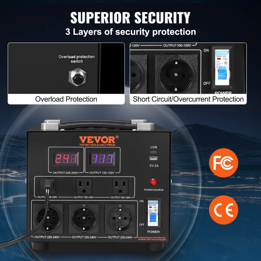 Transformador convertidor de voltaje VEVOR con protección contra sobrecarga, cortocircuito y sobrecorriente.