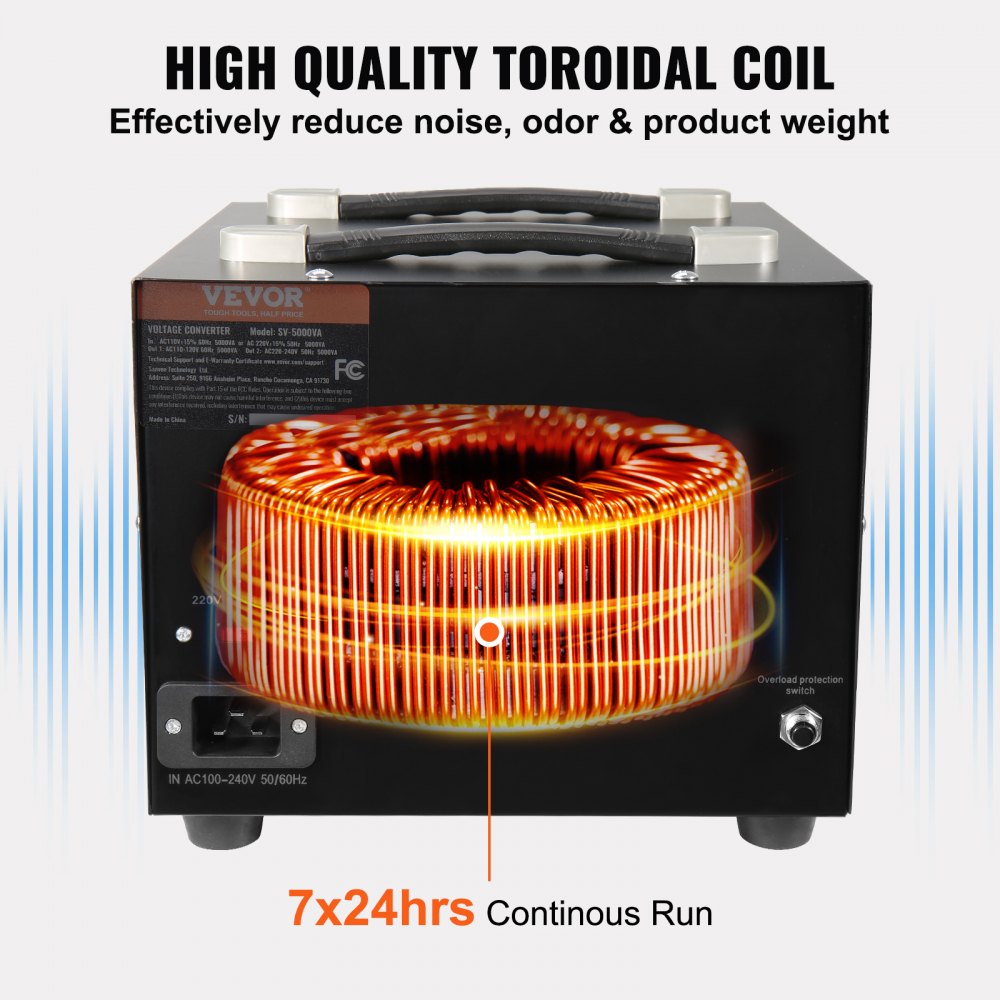 Transformador convertidor de tensión VEVOR con bobina toroidal de alta calidad para funcionamiento continuo 24 horas al día, 7 días a la semana.