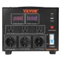Transformador convertidor de voltaje VEVOR con múltiples salidas, pantalla de voltaje dual, puerto USB e interruptor de encendido.