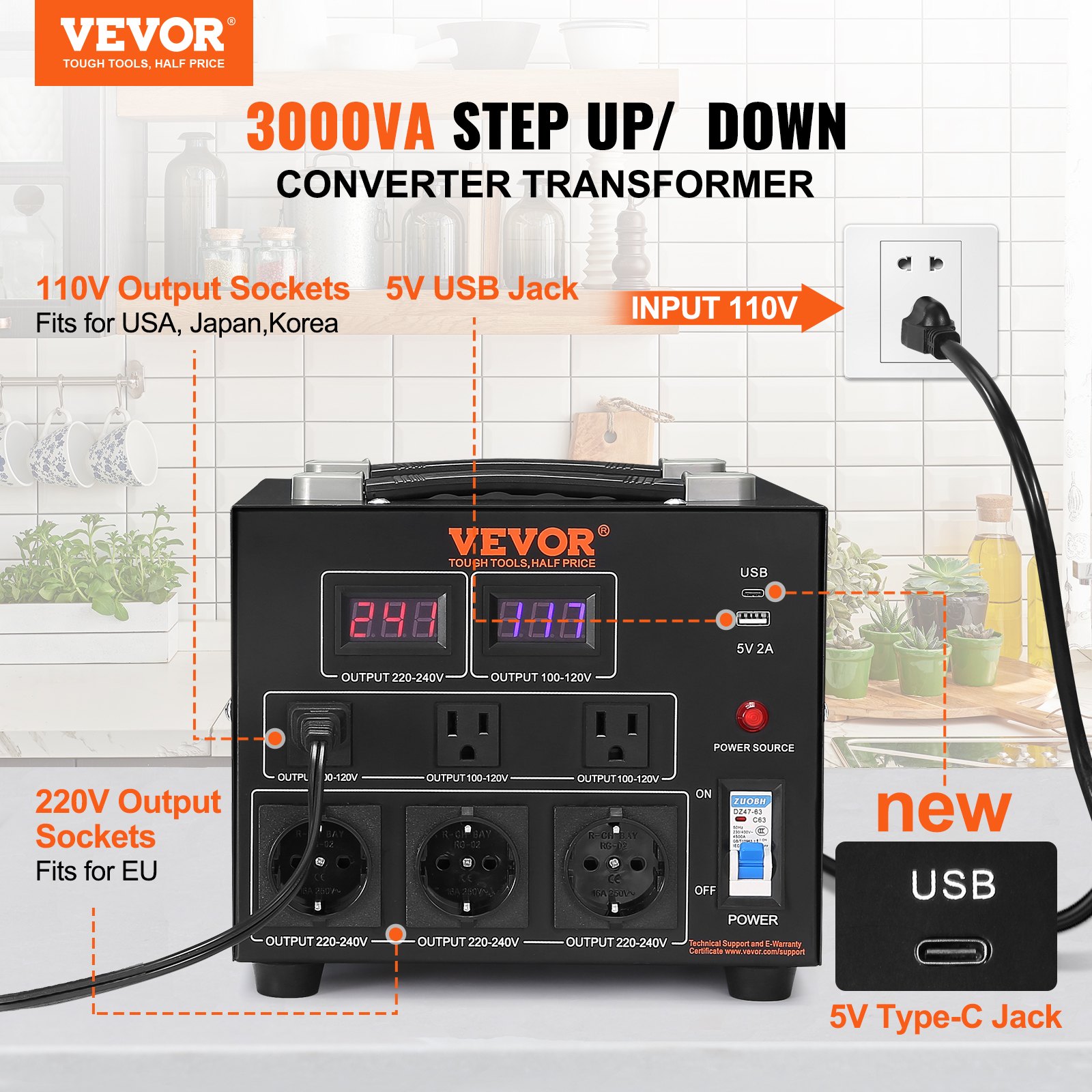 transformador de voltaje VEVOR 3000va, con tomas de salida de 110v y 220v.