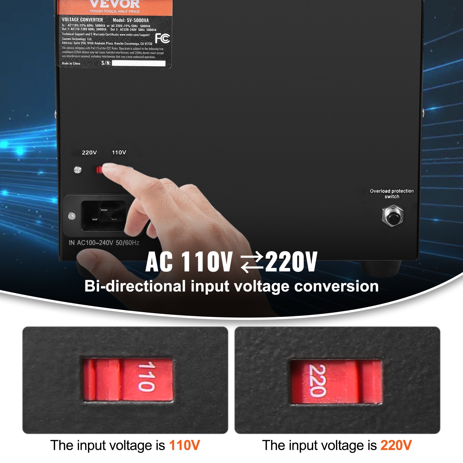 Transformador convertidor de voltaje VEVOR para conversión de voltaje de entrada bidireccional de CA 110 V a 220 V.