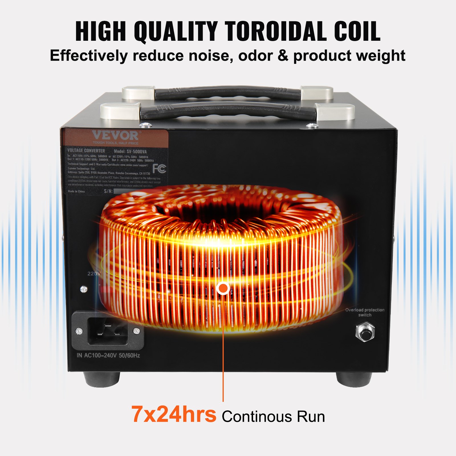 Transformador convertidor de tensión VEVOR con bobina toroidal de alta calidad para funcionamiento continuo 24 horas al día, 7 días a la semana.