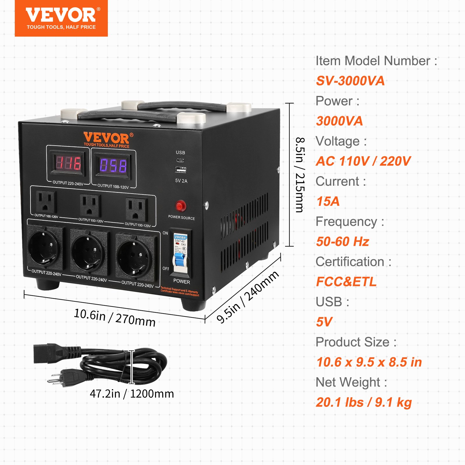 Transformador convertidor de voltaje VEVOR sv-3000va con pantalla dual, múltiples salidas y puertos usb.