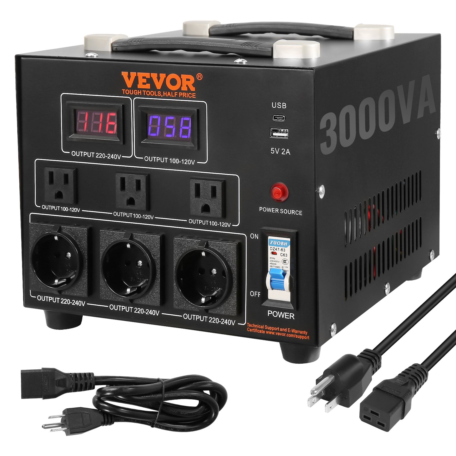 convertidor de voltaje VEVOR 3000va con múltiples salidas y pantallas led, usb y cables.