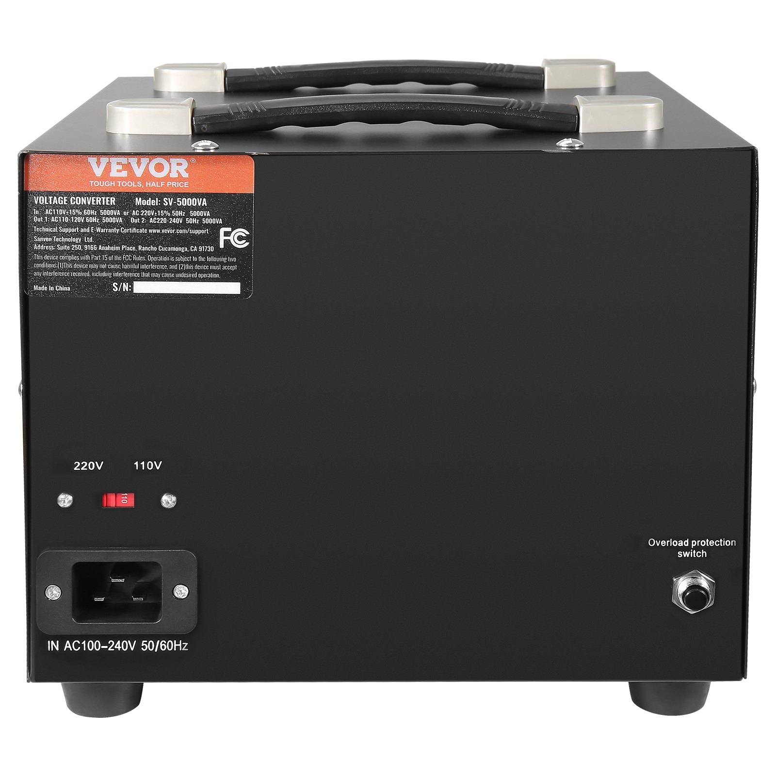 Transformador convertidor de voltaje VEVOR, opciones de salida de 220 V y 110 V con interruptor de protección contra sobrecarga.