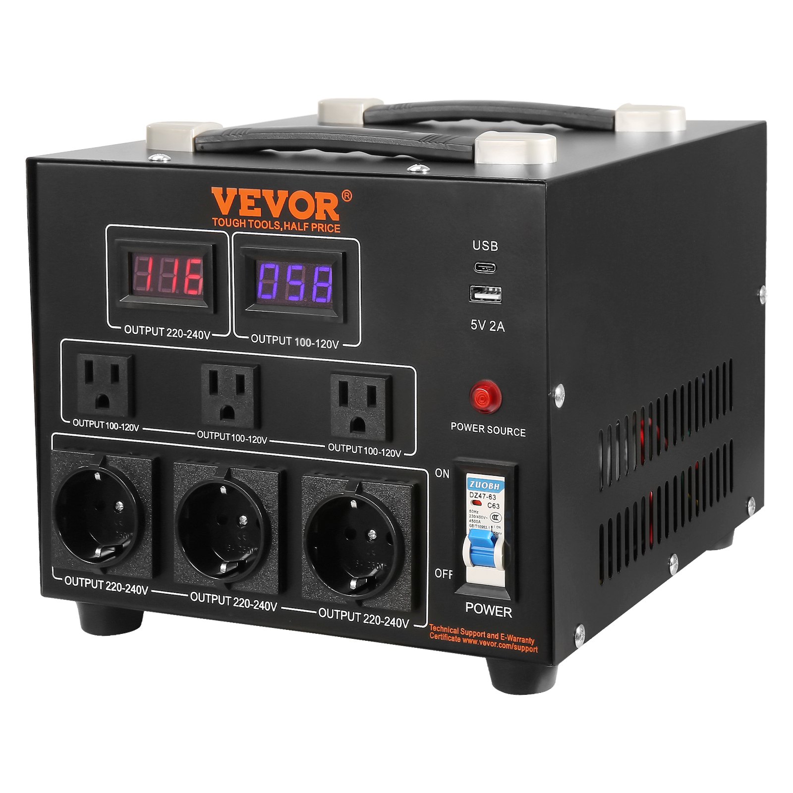 Transformador convertidor de voltaje VEVOR con múltiples salidas, puertos USB y pantalla de voltaje digital