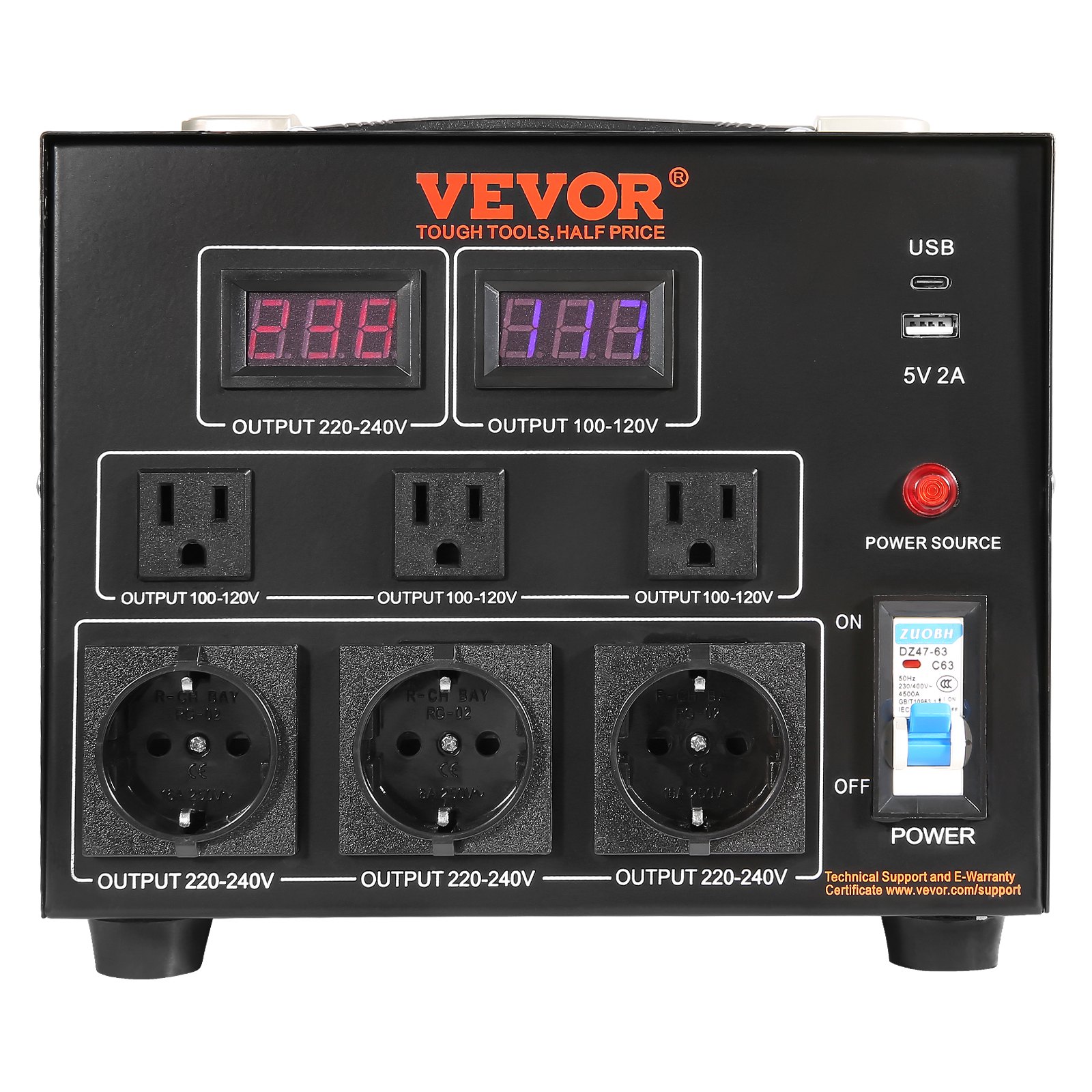 Transformador convertidor de voltaje VEVOR con múltiples salidas, pantalla de voltaje dual, puerto USB e interruptor de encendido.