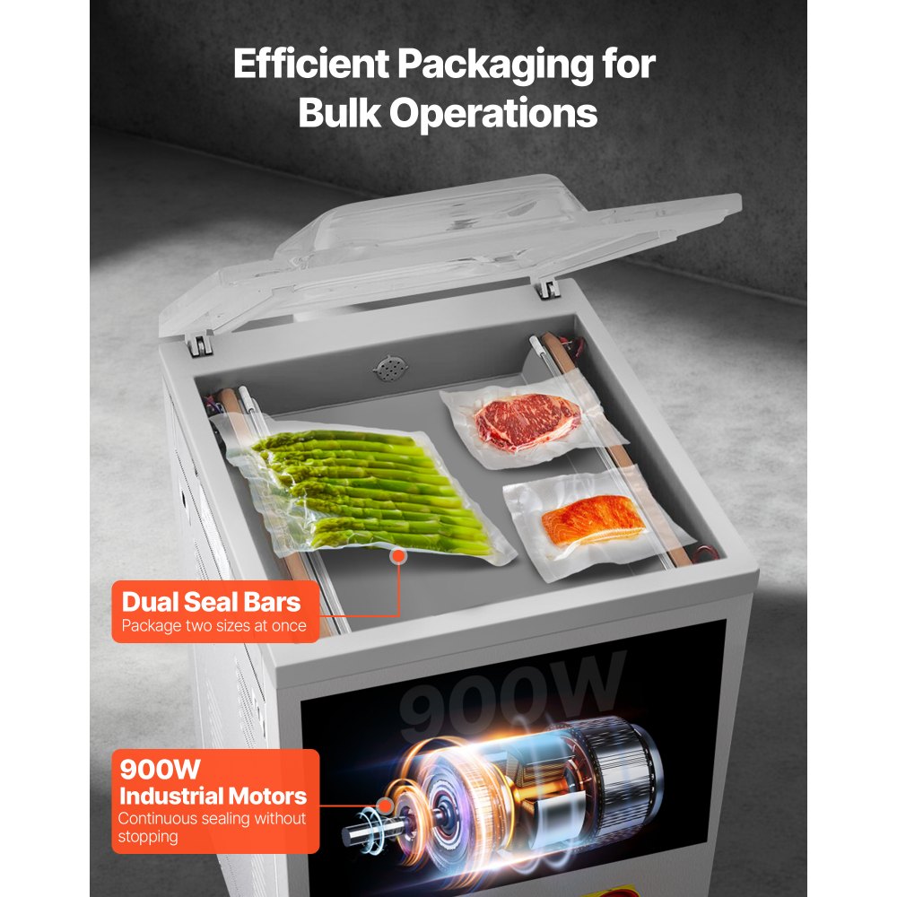 Selladora al vacío de cámara VEVOR, 900 W de potencia, ideal para alimentos húmedos, carnes, marinadas y más. Tamaño compacto con una longitud de sellado de 40 cm (15,7 pulgadas). Apta para uso doméstico y comercial.