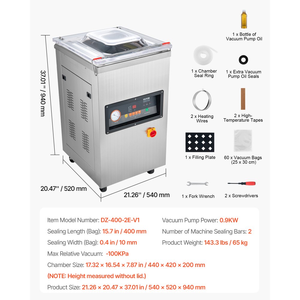 Selladora al vacío de cámara VEVOR, 900 W de potencia, ideal para alimentos húmedos, carnes, marinadas y más. Tamaño compacto con una longitud de sellado de 40 cm (15,7 pulgadas). Apta para uso doméstico y comercial.