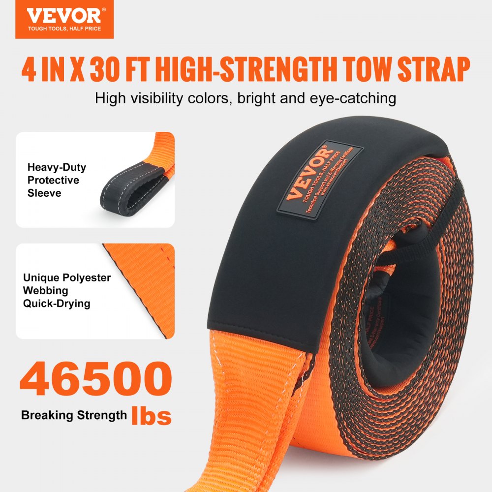 VEVOR Correa de remolque de 101,6 mm x 9,1 m, Resistencia a la Rotura de 21092kg, Correa de Bucle Triplemente Reforzada con Fundas Protectoras y Bolsa de Almacenamiento para Recuperación Todoterreno