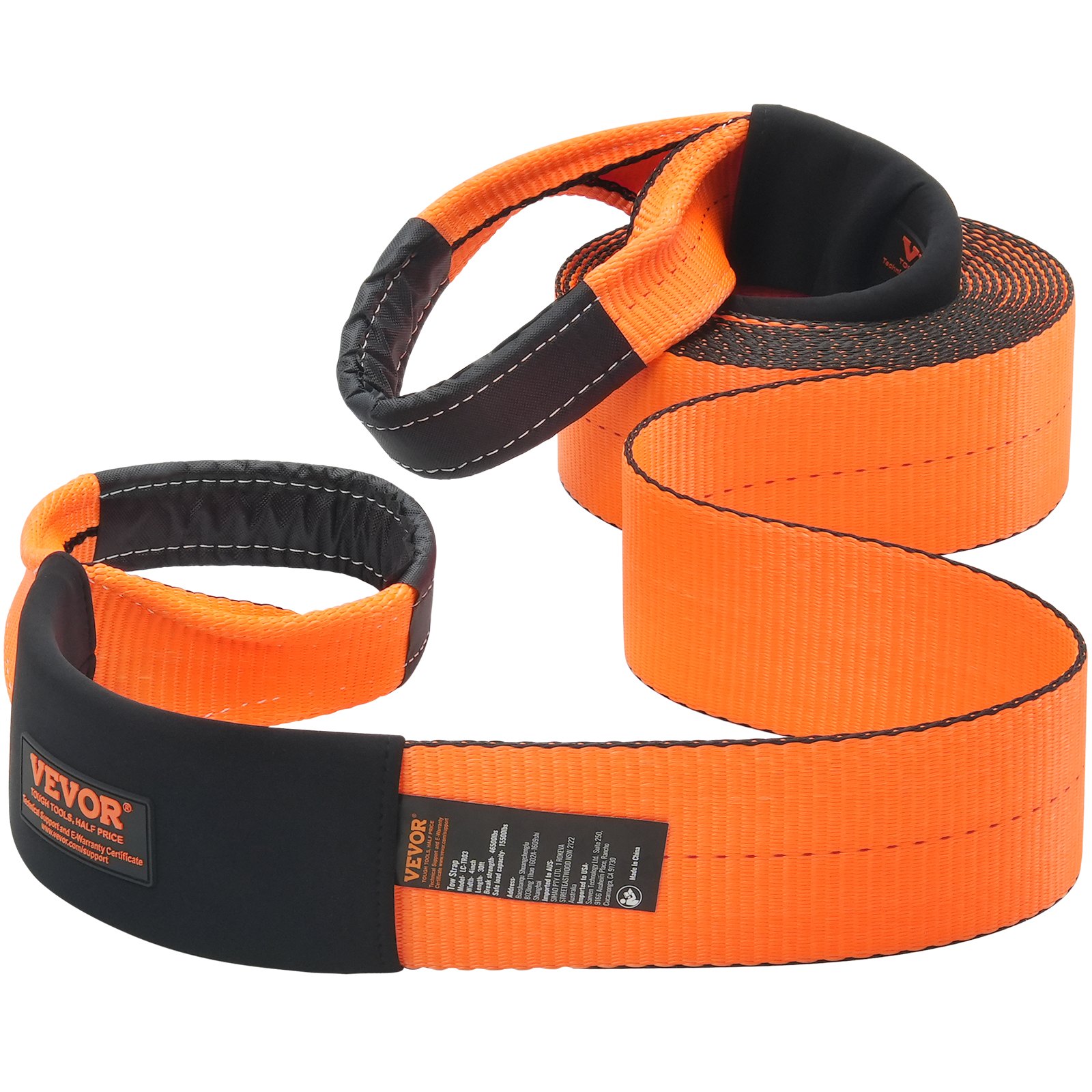 VEVOR Correa de remolque de 101,6 mm x 9,1 m, Resistencia a la Rotura de 21092kg, Correa de Bucle Triplemente Reforzada con Fundas Protectoras y Bolsa de Almacenamiento para Recuperación Todoterreno