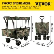 VEVOR Carro Plegable Jardín Carrito de Mano Carga 100 kg 98,5 x 54,3 x 98,5 cm