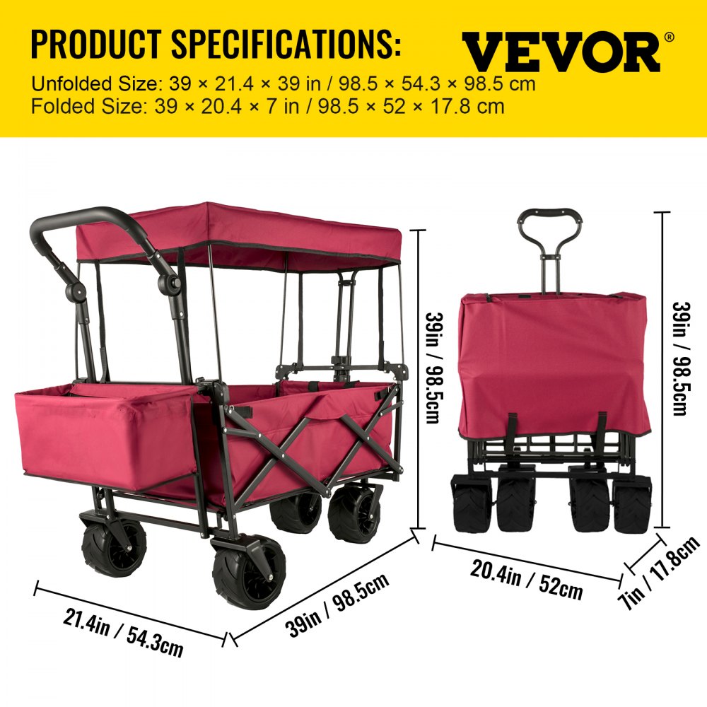Carrito de jardín VEVOR con diseño plegable, tela roja y ruedas grandes. Dimensiones del producto mostradas.