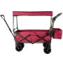 Carrito de jardín VEVOR rojo con capota plegable y bolsa de almacenamiento lateral sobre marco negro.