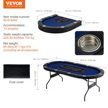 VEVOR Mesa de póquer plegable para 10 jugadores, mesa de póquer Blackjack Texas Holdem con rieles acolchados y portavasos de acero inoxidable, mesa de juego de mesa plegable portátil, mesa de ocio de casino ovalada de 84",Azul