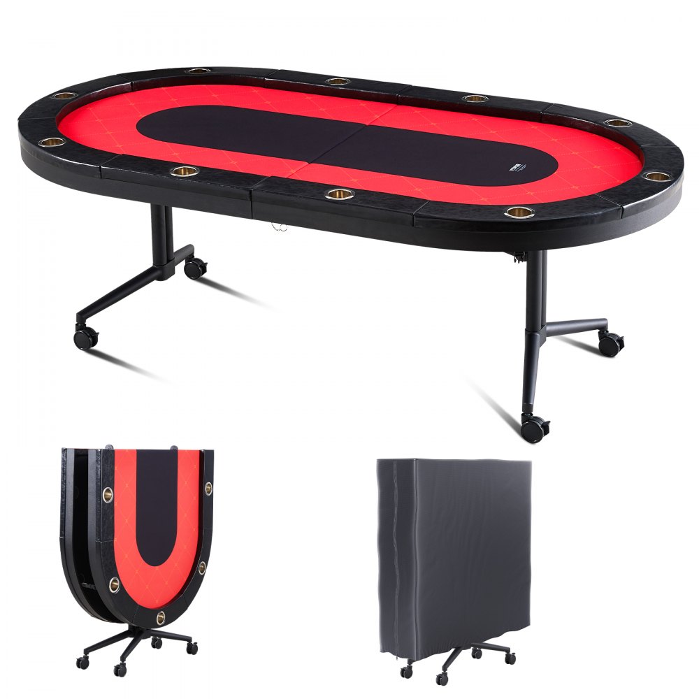 Mesa de póker plegable VEVOR para 10 jugadores, mesa de póker Blackjack Texas Hold'em con rieles acolchados y portavasos de acero inoxidable, mesa de juego de cartas plegable portátil, mesa de casino ovalada de 228 cm.