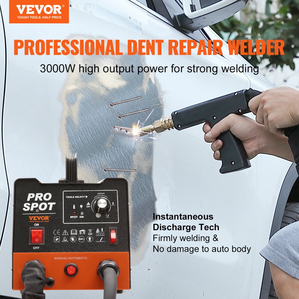 Kit de reparación de abolladuras con soldador de pernos VEVOR en uso en la puerta del automóvil con una potencia de 3000 W y un soldador de puntos profesional.