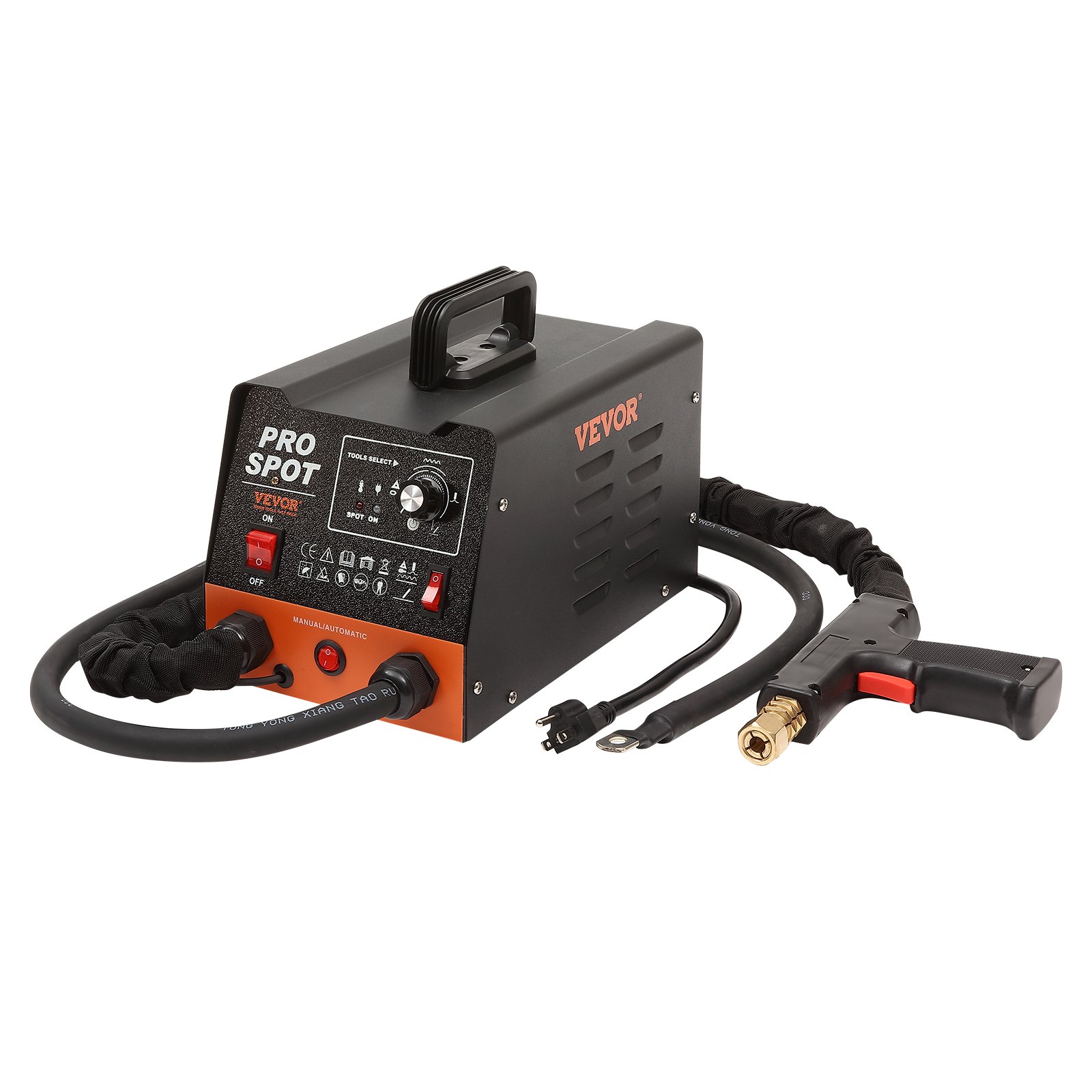 Kit de reparación de abolladuras con soldador de pernos VEVOR con controles de punto profesionales, cables negros y mango ergonómico.