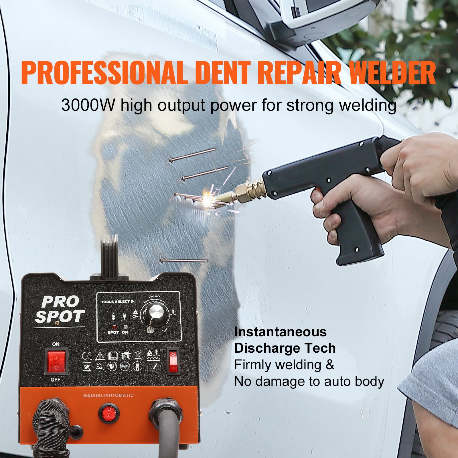 Kit de reparación de abolladuras con soldador de pernos VEVOR, extractor de abolladuras con soldador por puntos de 3KW con 6 modos de soldadura, máquina extractora de abolladuras con soldadura por puntos para carrocería de automóviles y 16 tipos de accesorios de soldadura para reparación de abolladuras de automóviles, camiones y motocicletas