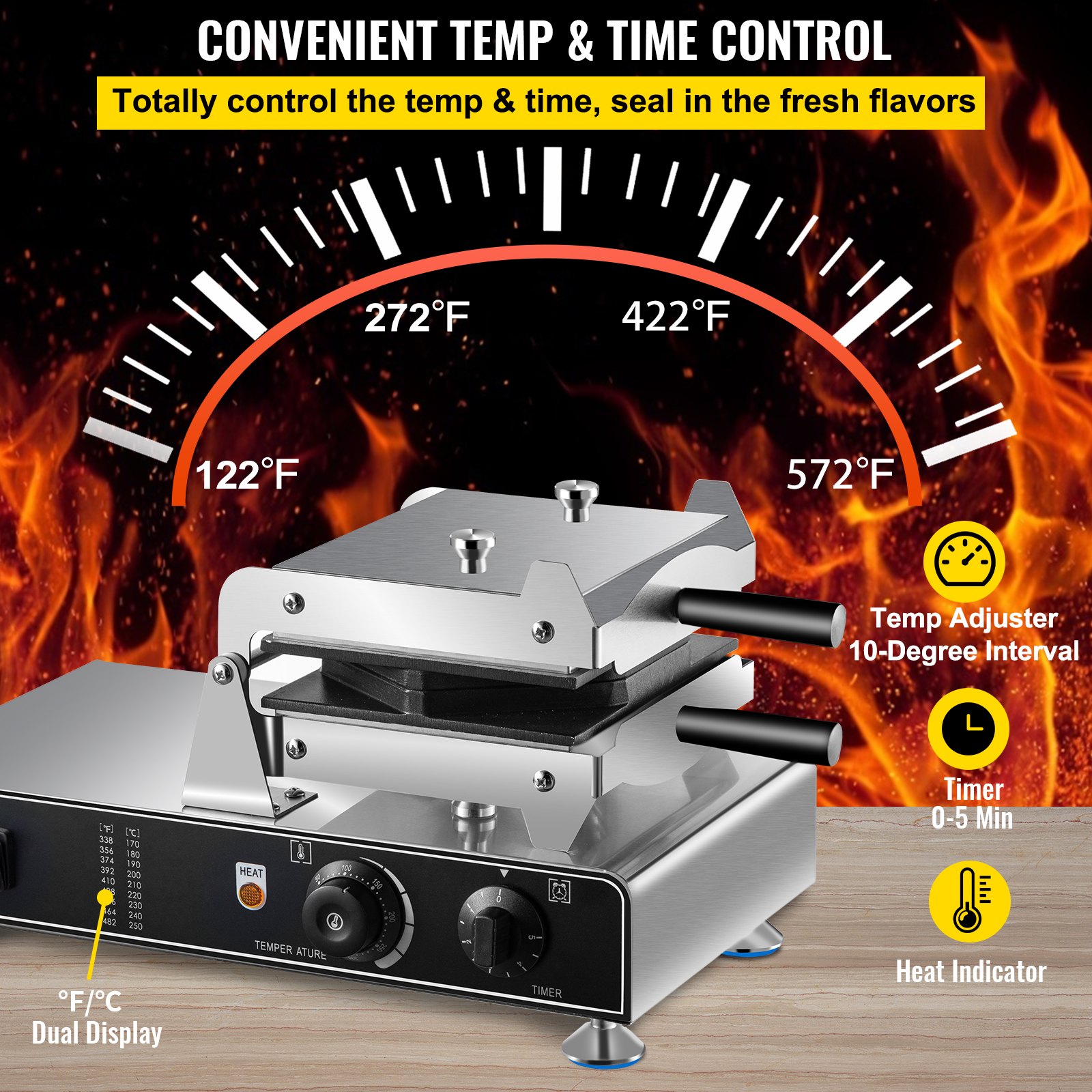 Máquina para hacer waffles de burbujas VEVOR con control de temperatura y tiempo, pantalla dual e indicador de calor.
