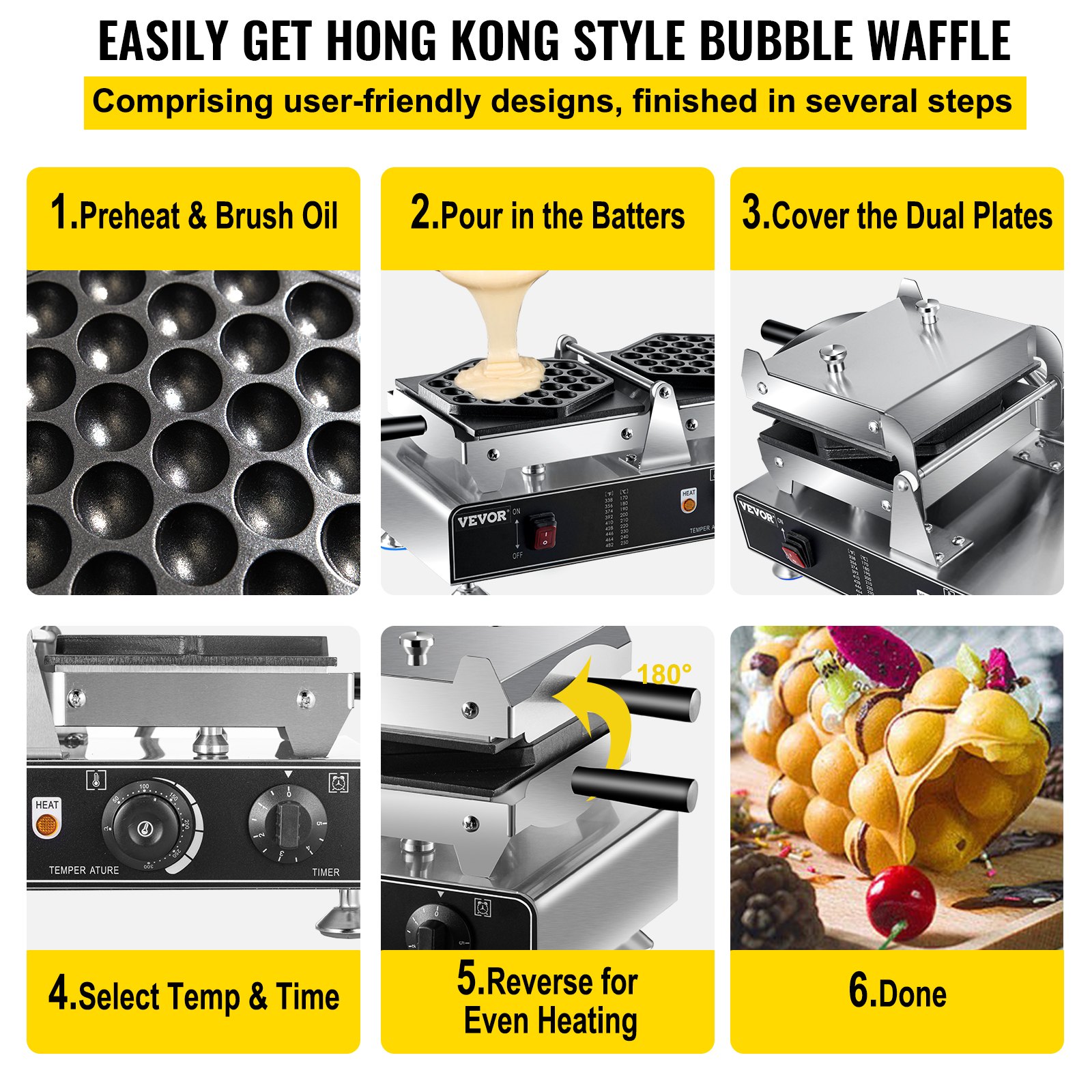 Pasos para hacer waffles de burbujas con la máquina para hacer waffles de burbujas VEVOR en seis imágenes.