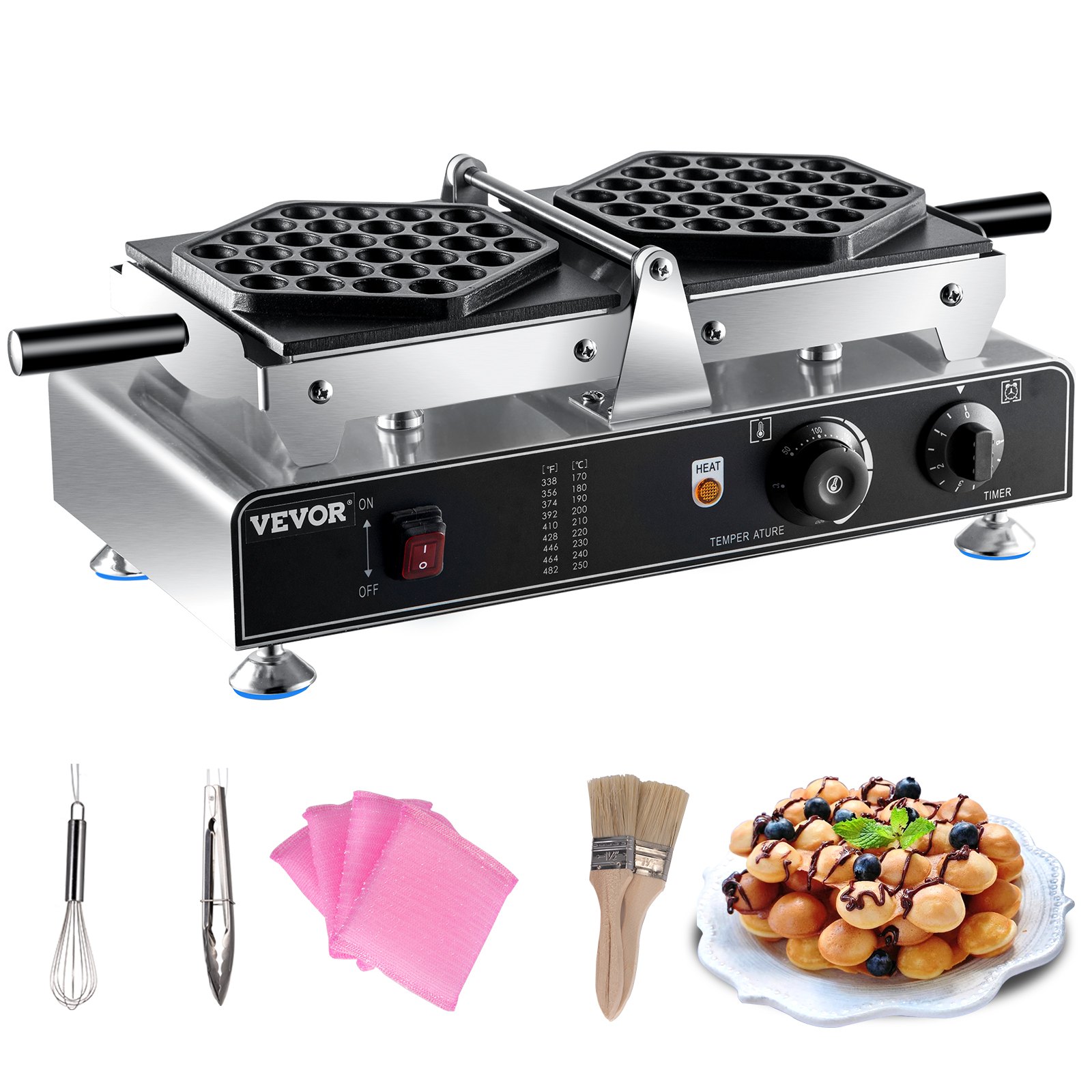 Máquina para hacer waffles con burbujas VEVOR con perillas de control, accesorios y un waffle con burbujas.