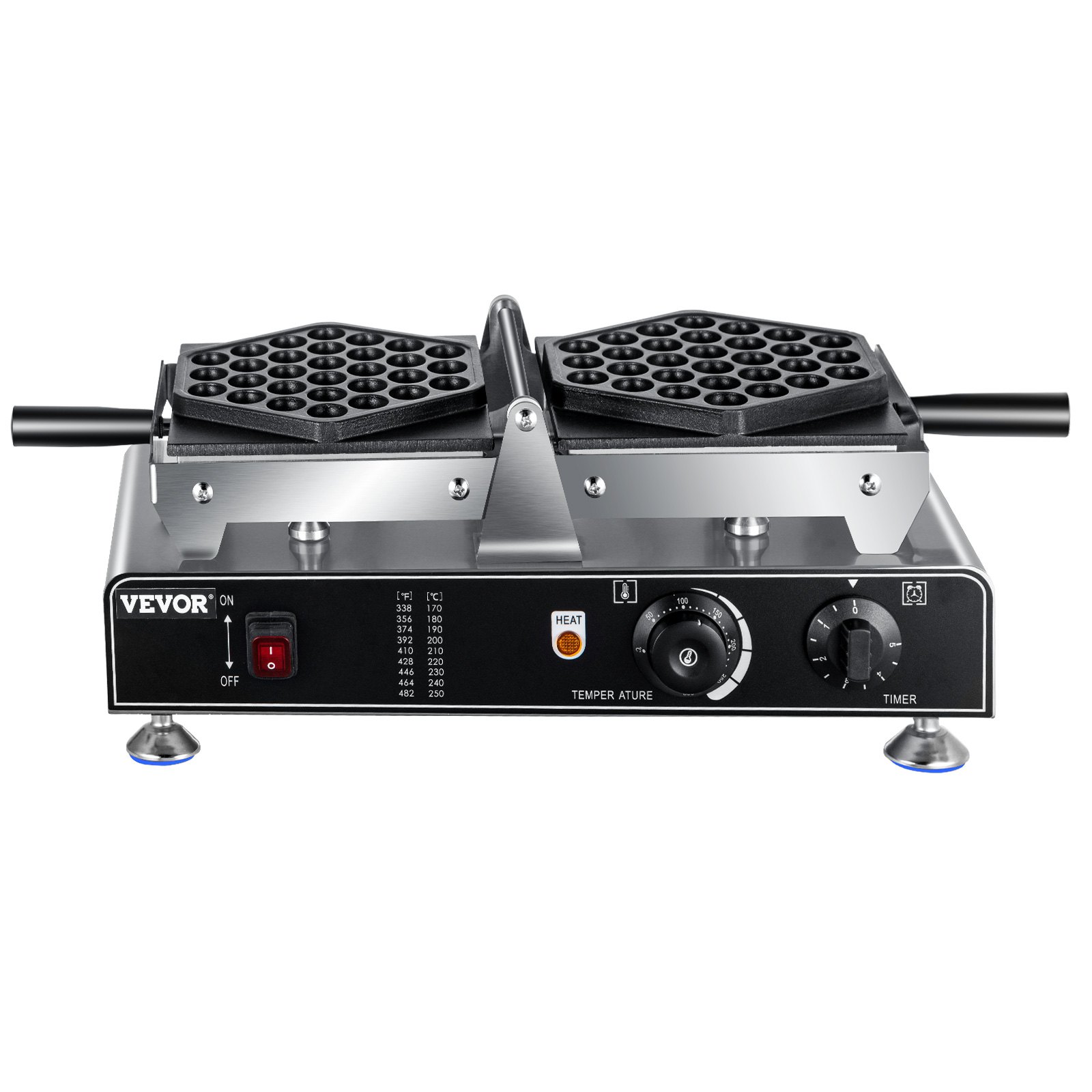 Máquina para hacer waffles de burbujas VEVOR con placas hexagonales dobles y control de temperatura.