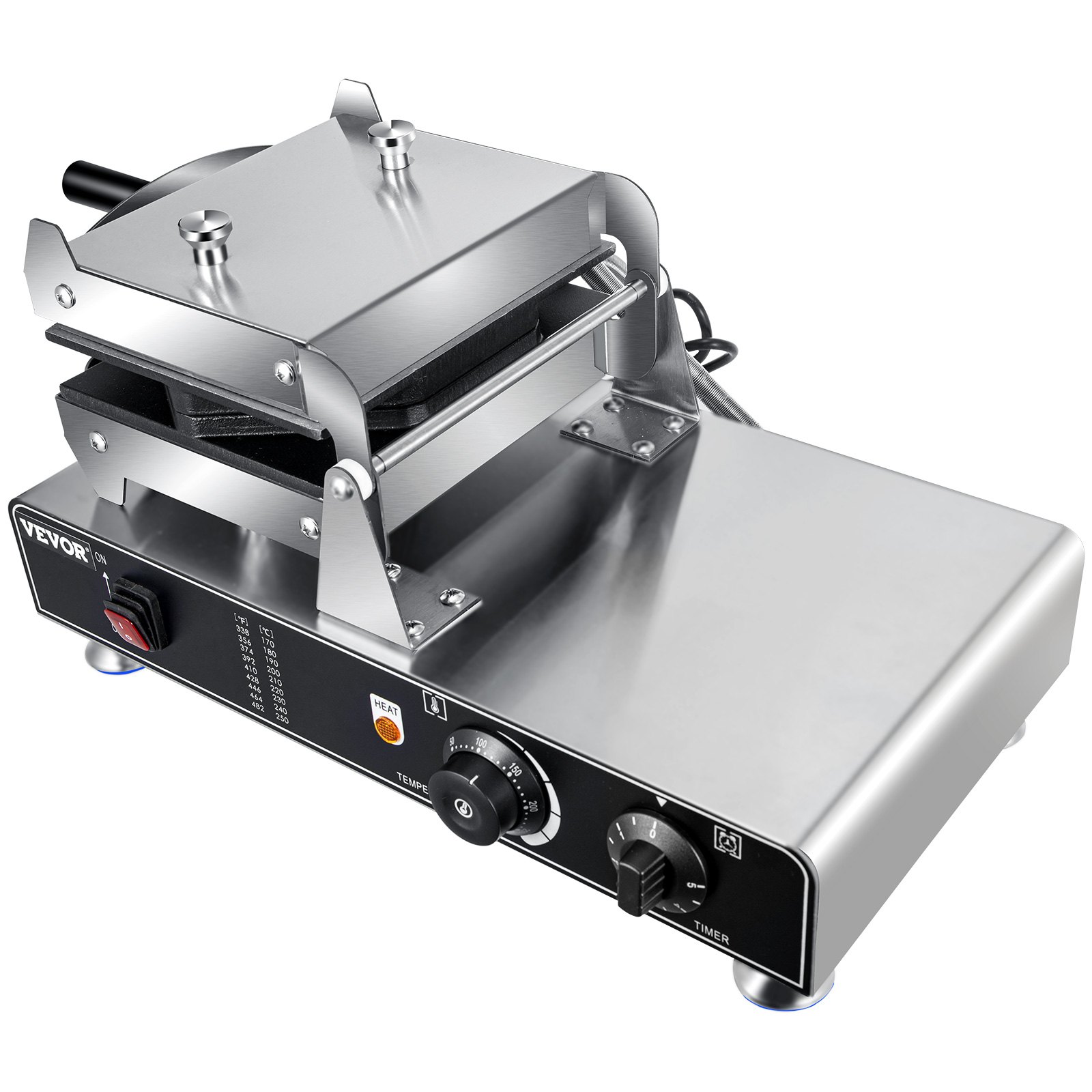 Máquina para hacer waffles de burbujas VEVOR con perillas de temperatura ajustables y cuerpo de acero inoxidable.