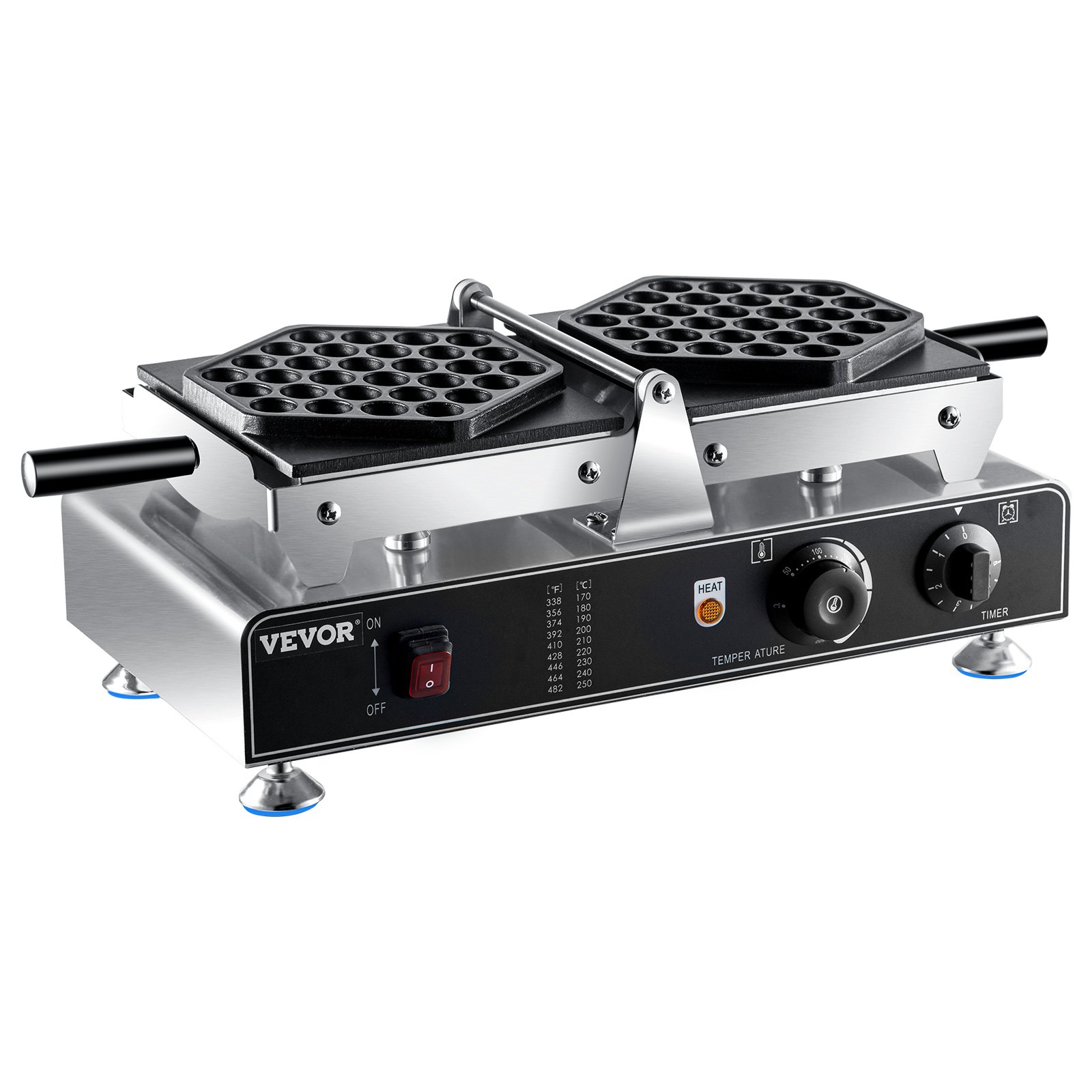 Máquina para hacer waffles de burbujas VEVOR con cuerpo de acero inoxidable y controles de temperatura.