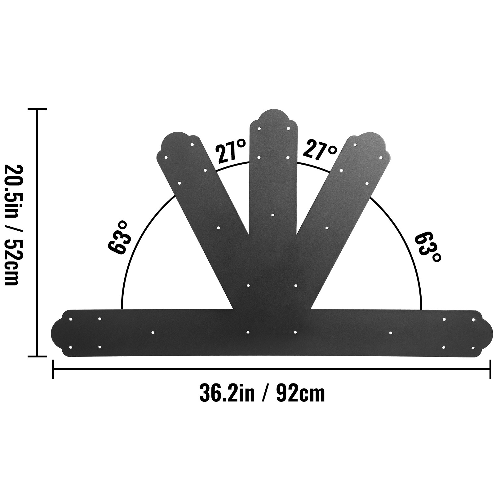 Dimensiones de la placa a dos aguas VEVOR: 20,5 x 36,2 pulgadas, ángulos: 27°, 63°.