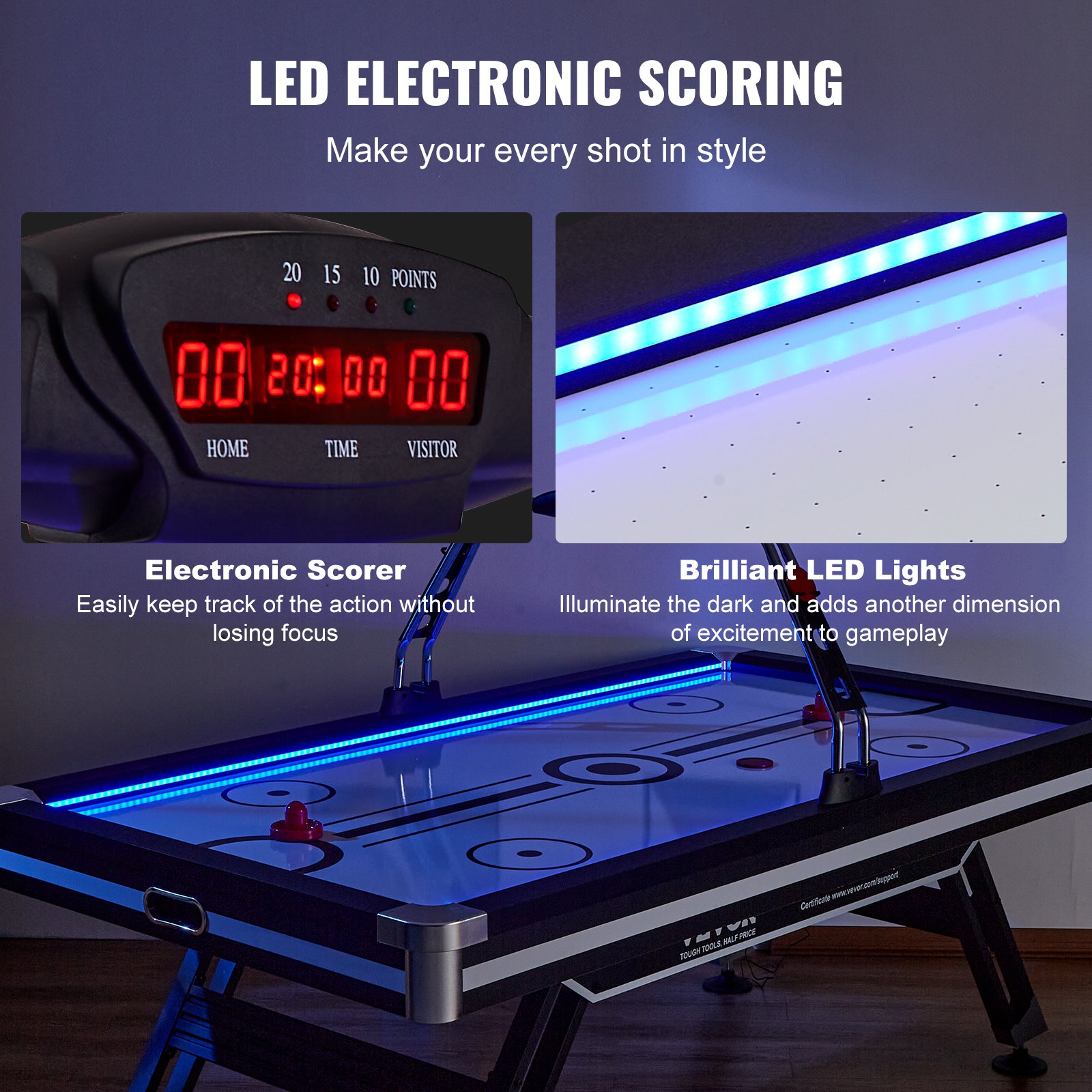 Mesa de hockey neumática VEVOR, mesa de hockey de interior de 89 pulgadas para niños y adultos, juego de hockey deportivo con luces LED, 2 discos, 2 empujadores y sistema de puntuación electrónico, juego de arcade para sala de juegos o casa.