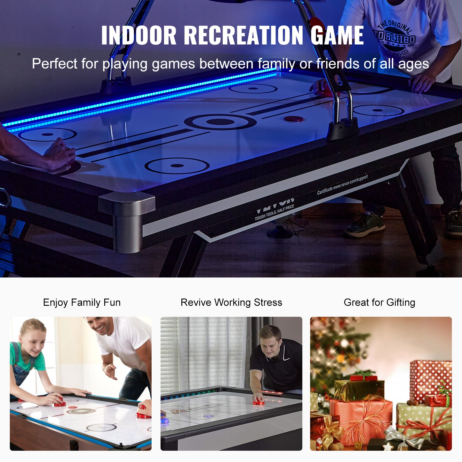 Mesa de hockey neumática VEVOR, mesa de hockey de interior de 89 pulgadas para niños y adultos, juego de hockey deportivo con luces LED, 2 discos, 2 empujadores y sistema de puntuación electrónico, juego de arcade para sala de juegos o casa.