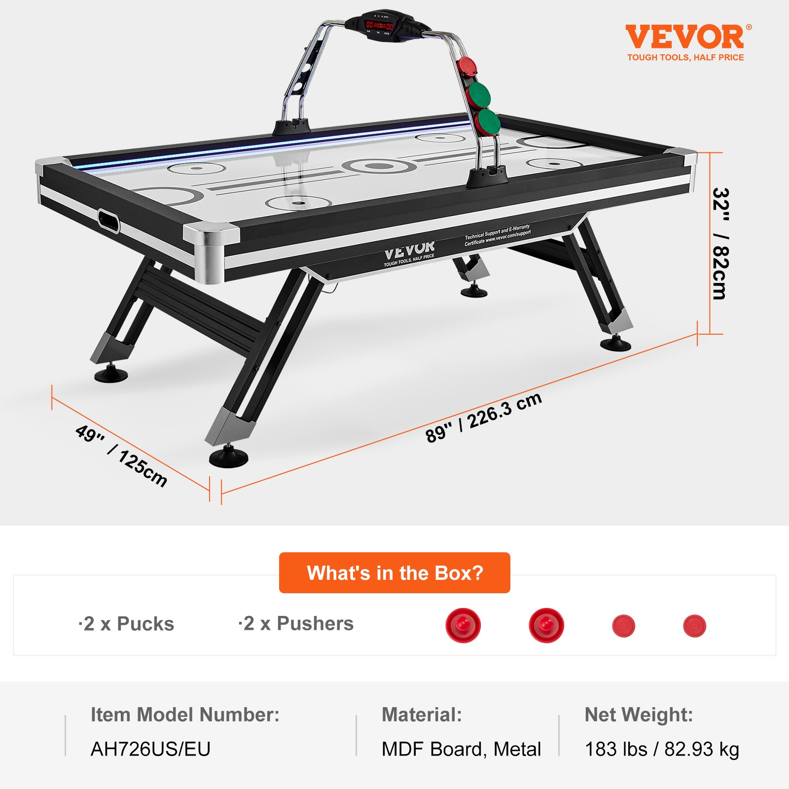 Mesa de hockey neumática VEVOR, mesa de hockey de interior de 89 pulgadas para niños y adultos, juego de hockey deportivo con luces LED, 2 discos, 2 empujadores y sistema de puntuación electrónico, juego de arcade para sala de juegos o casa.