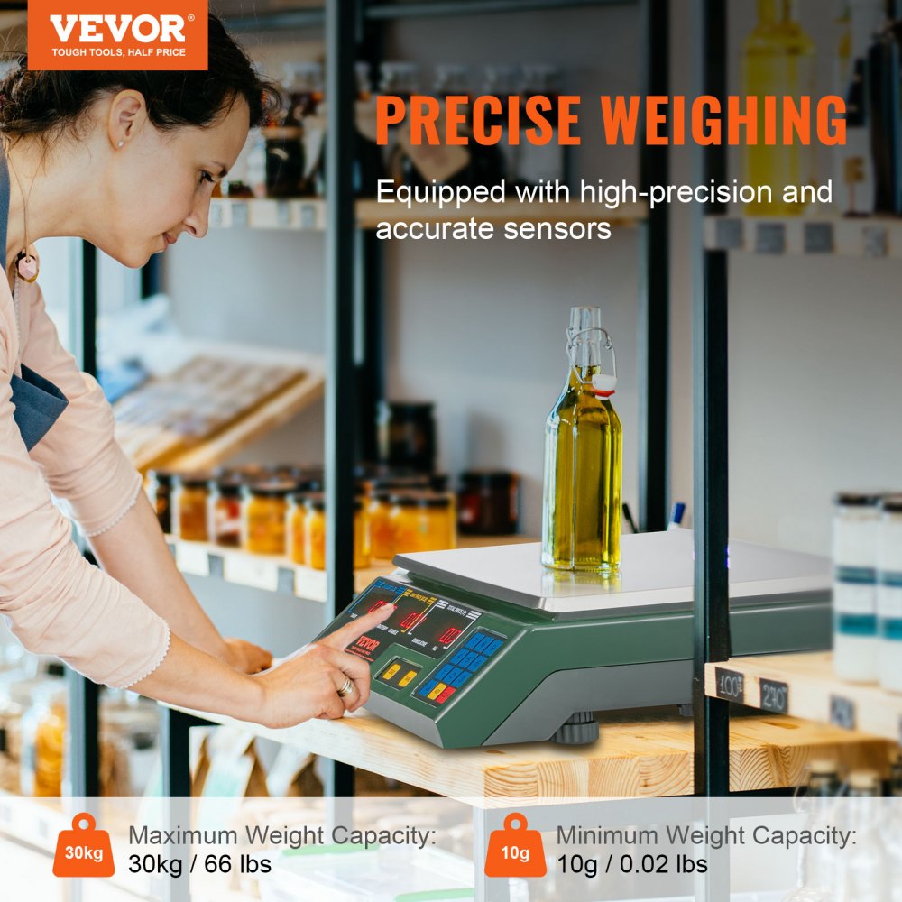 Báscula electrónica VEVOR con cálculo de precio, báscula digital para charcutería de 66 lb, báscula digital LED comercial para pesar alimentos, frutas, carnes y verduras, ideal para tiendas minoristas, cocinas, restaurantes, mercados y agricultores.