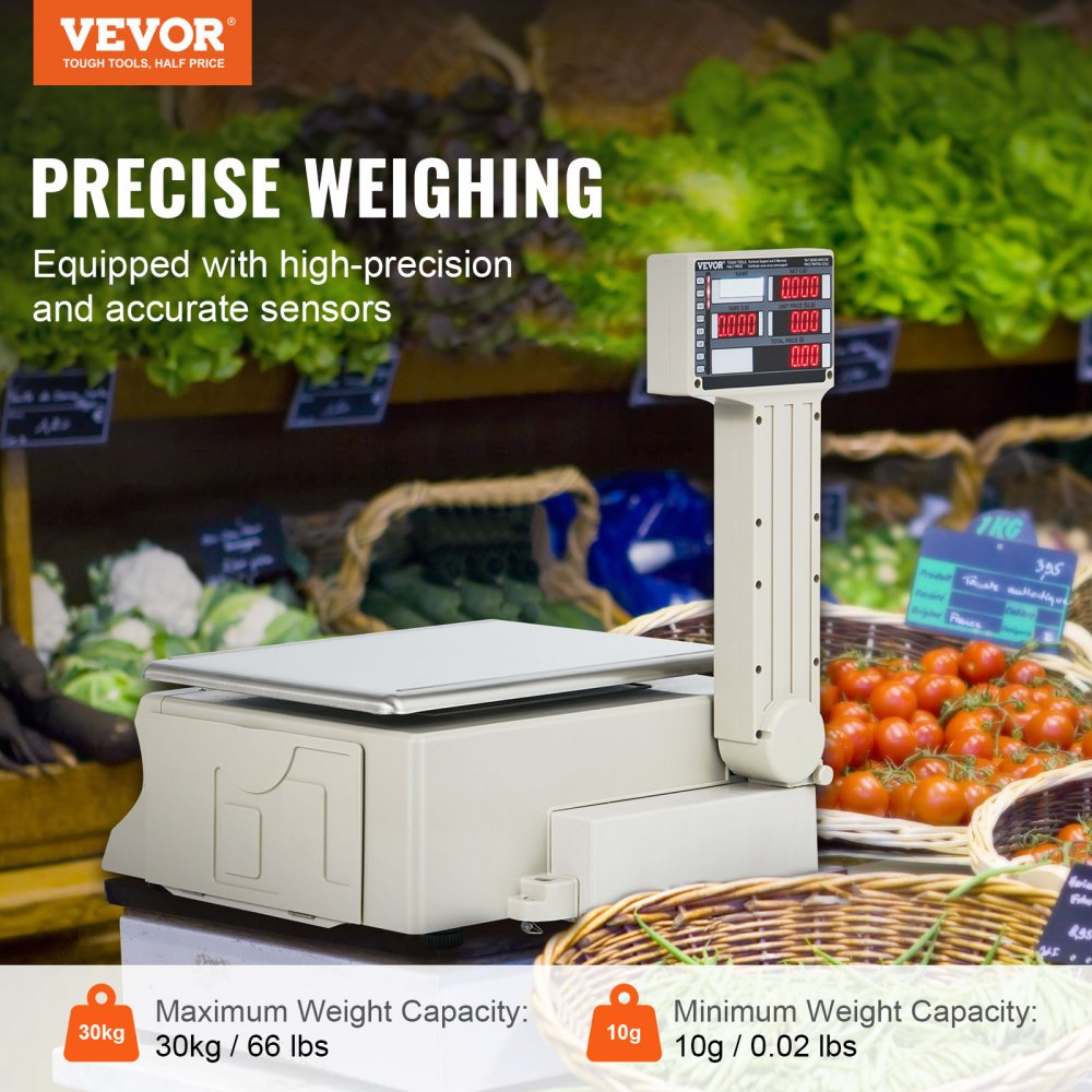 Báscula electrónica VEVOR para calcular precios, báscula digital para charcutería de 30 kg, con pantalla LCD y LED, para contar alimentos, frutas, carnes y productos agrícolas, ideal para tiendas minoristas, cocinas, restaurantes, mercados y agricultores.