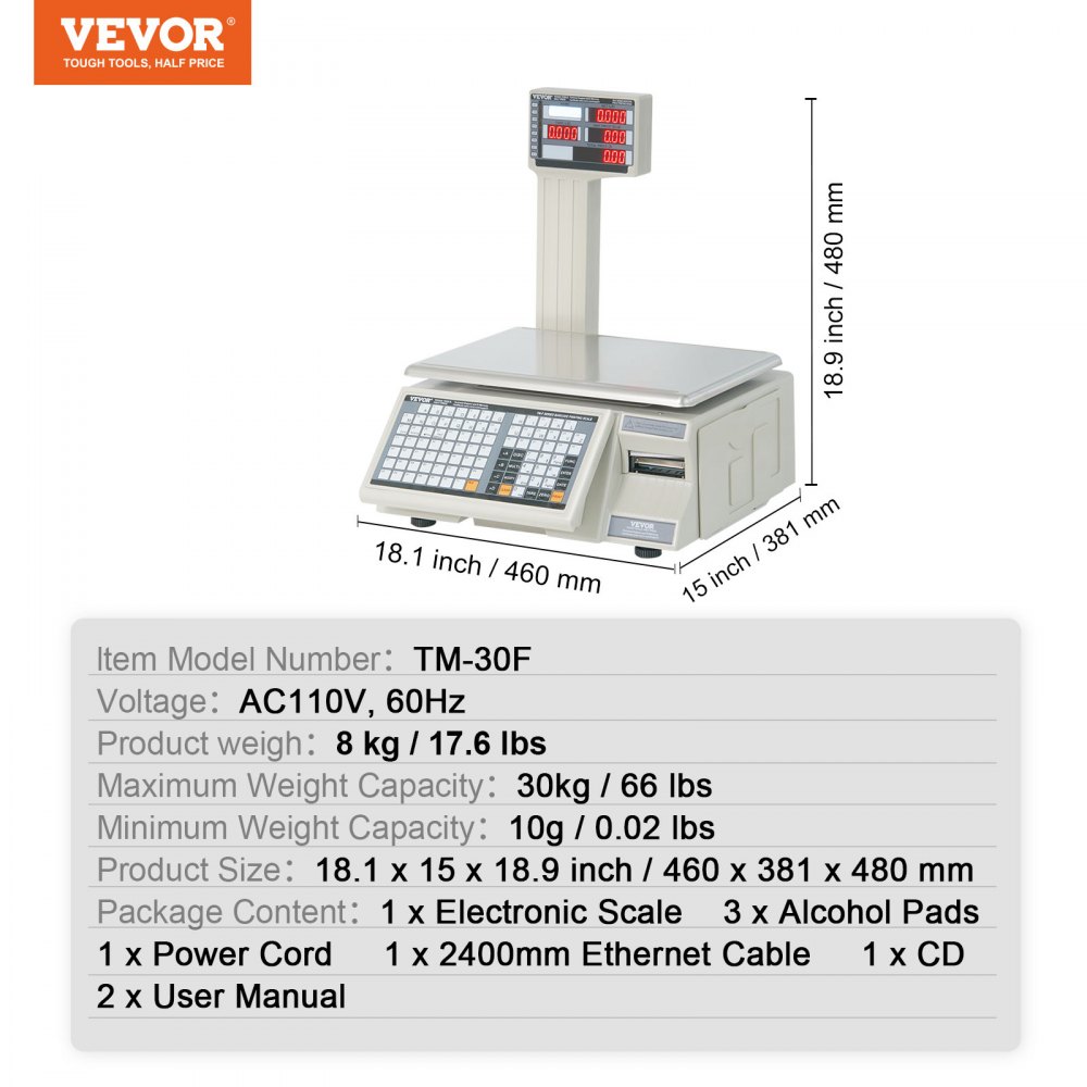 Báscula electrónica VEVOR para calcular precios, báscula digital para charcutería de 30 kg, con pantalla LCD y LED, para contar alimentos, frutas, carnes y productos agrícolas, ideal para tiendas minoristas, cocinas, restaurantes, mercados y agricultores.