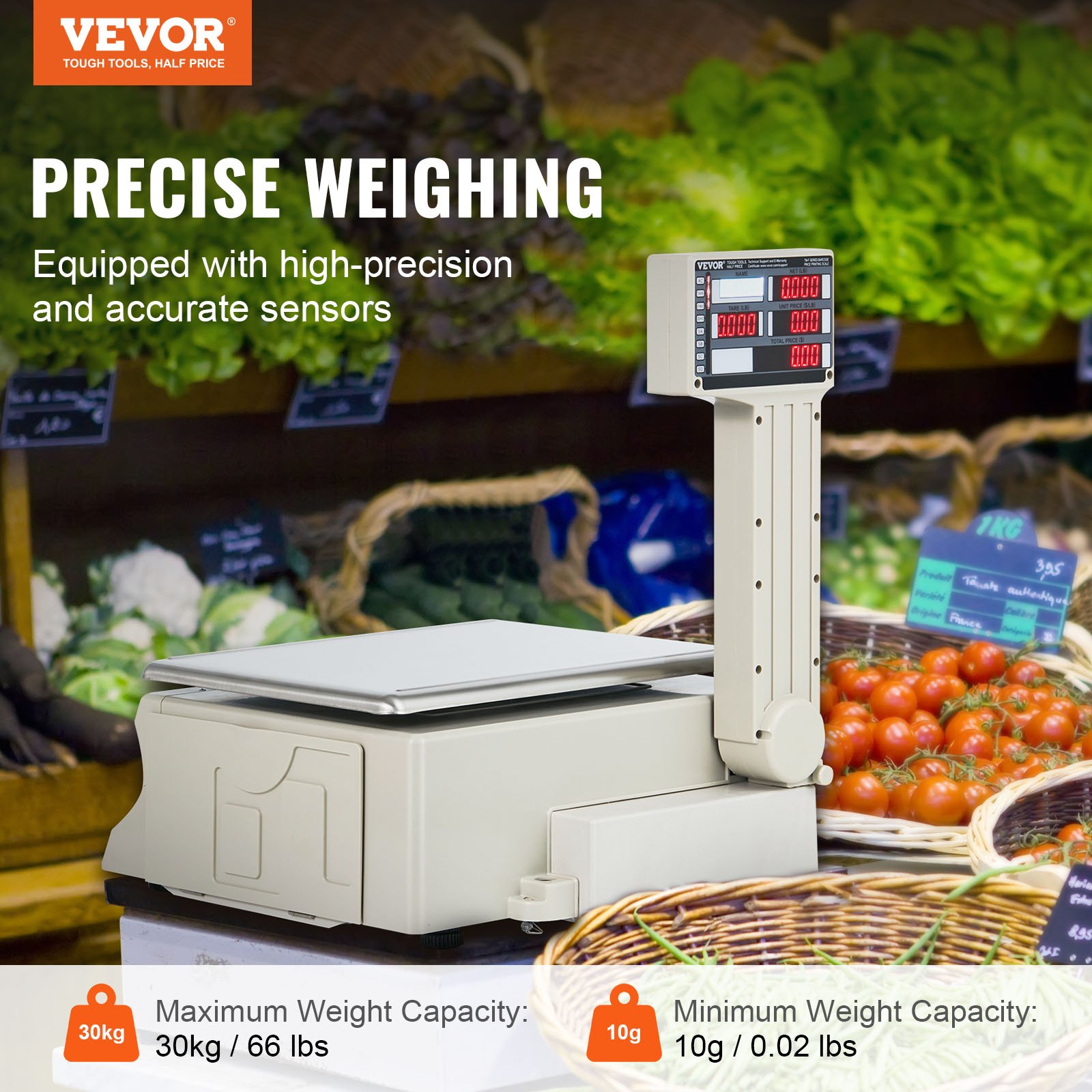 Báscula electrónica VEVOR para calcular precios, báscula digital para charcutería de 30 kg, con pantalla LCD y LED, para contar alimentos, frutas, carnes y productos agrícolas, ideal para tiendas minoristas, cocinas, restaurantes, mercados y agricultores.