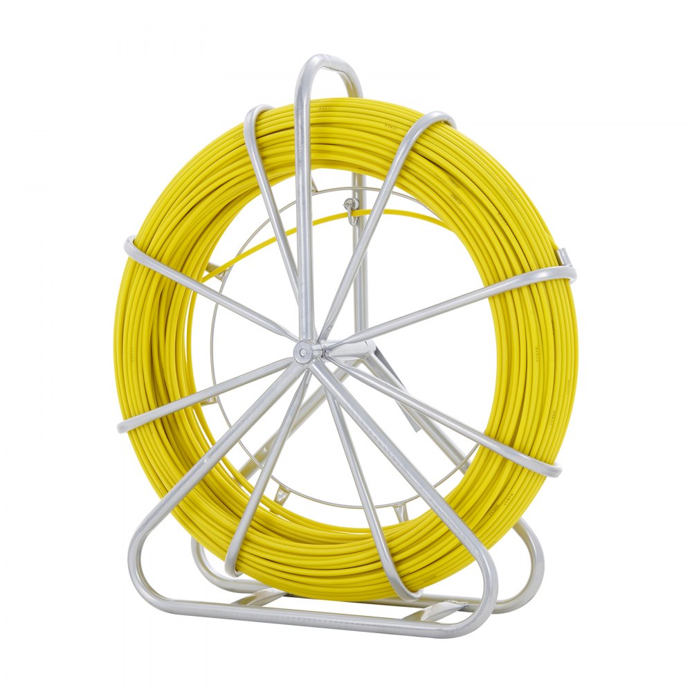 VEVOR Cinta de Pescar de Fibra de Vidrio, 656 pies, 1/4 de pulgada, Tirador de Cables con Varilla para Conductos, con Soporte de Carrete de Acero, 3 Cabezales de Tracción, Herramientas de Pesca para Paredes y Conductos Eléctricos, No Conductivo