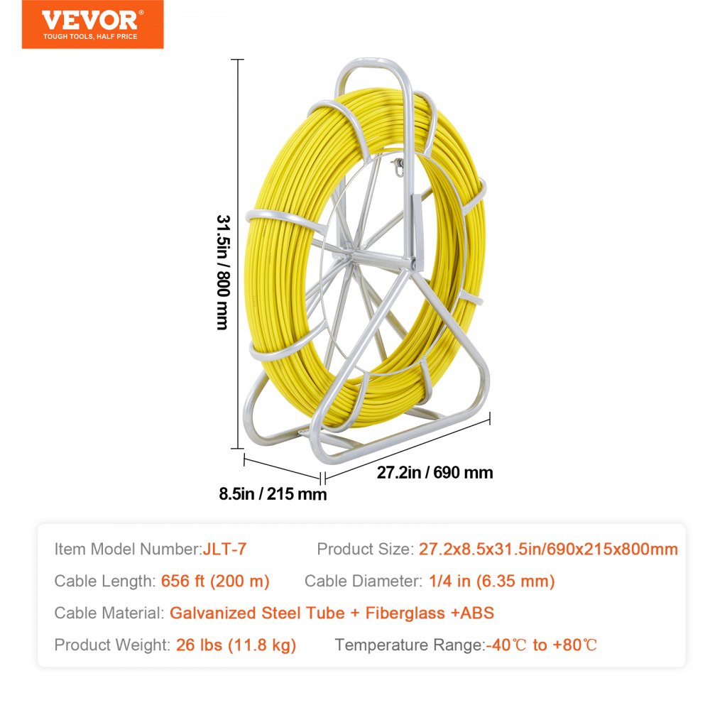 Cinta pasacables de fibra de vidrio VEVOR, 200 m (656 pies), 6 mm (1/4 de pulgada), pasacables para conductos, varilla para cables con soporte de carrete de acero, 3 cabezales de tracción, herramientas de pesca para paredes y conductos eléctricos, no conductora.