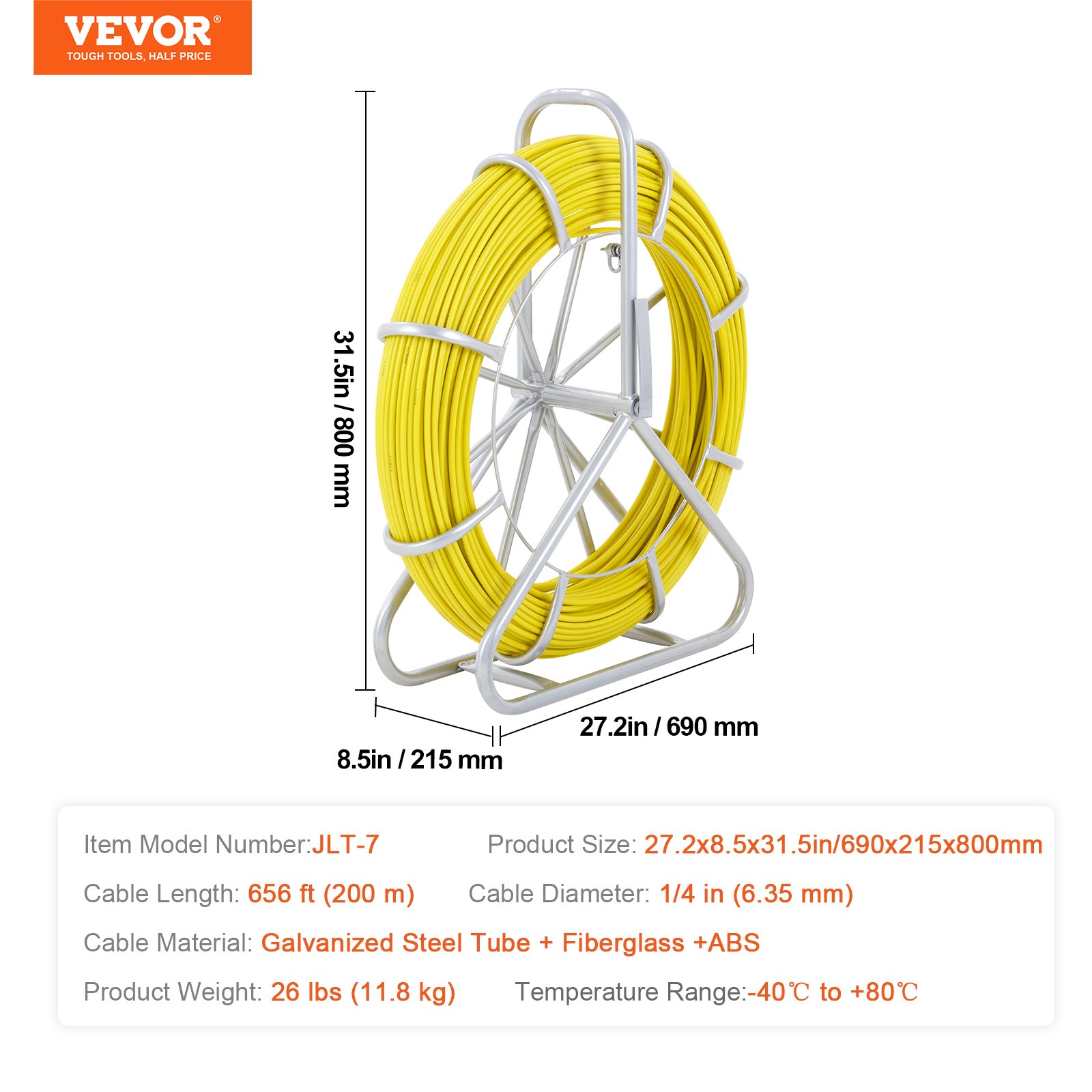 Cinta pasacables de fibra de vidrio VEVOR, 200 m (656 pies), 6 mm (1/4 de pulgada), pasacables para conductos, varilla para cables con soporte de carrete de acero, 3 cabezales de tracción, herramientas de pesca para paredes y conductos eléctricos, no conductora.
