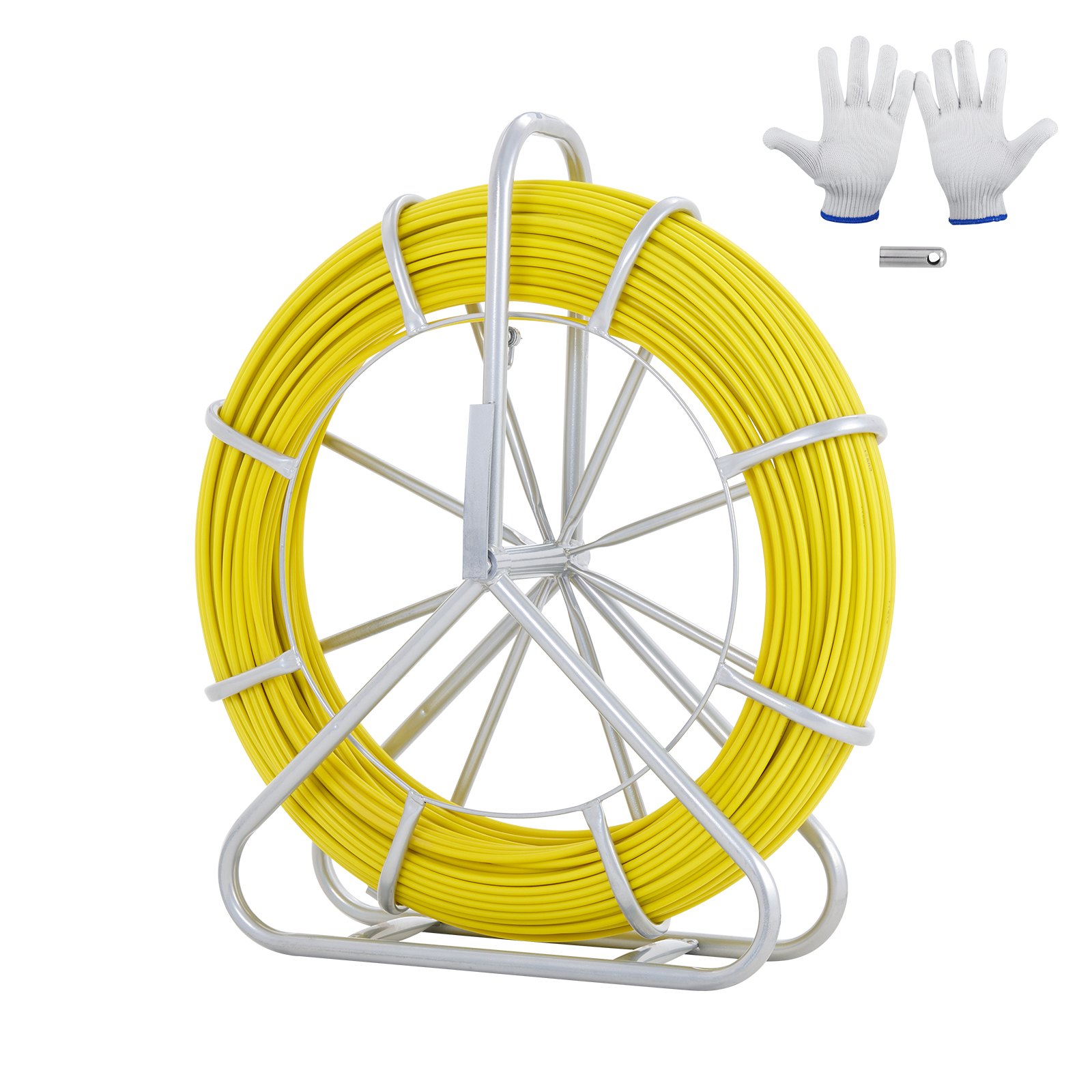 Cinta pasacables de fibra de vidrio VEVOR, 200 m (656 pies), 6 mm (1/4 de pulgada), pasacables para conductos, varilla para cables con soporte de carrete de acero, 3 cabezales de tracción, herramientas de pesca para paredes y conductos eléctricos, no conductora.