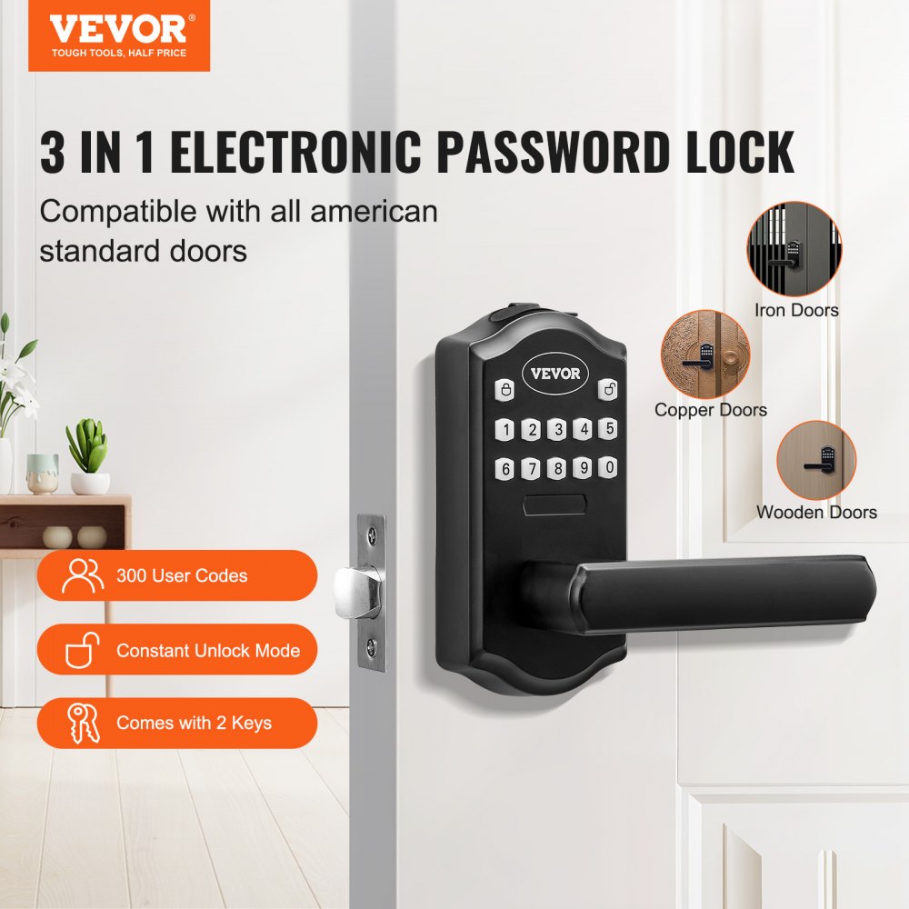 Cerradura de puerta de entrada sin llave VEVOR, contraseña electrónica 3 en 1, 300 códigos de usuario, compatible con varias puertas.