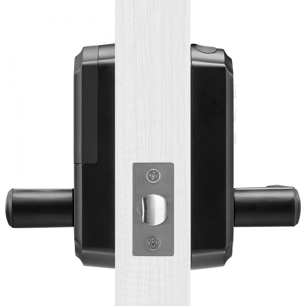 Cerradura de puerta de entrada sin llave VEVOR negra instalada en una puerta blanca, que muestra los componentes de la vista lateral.