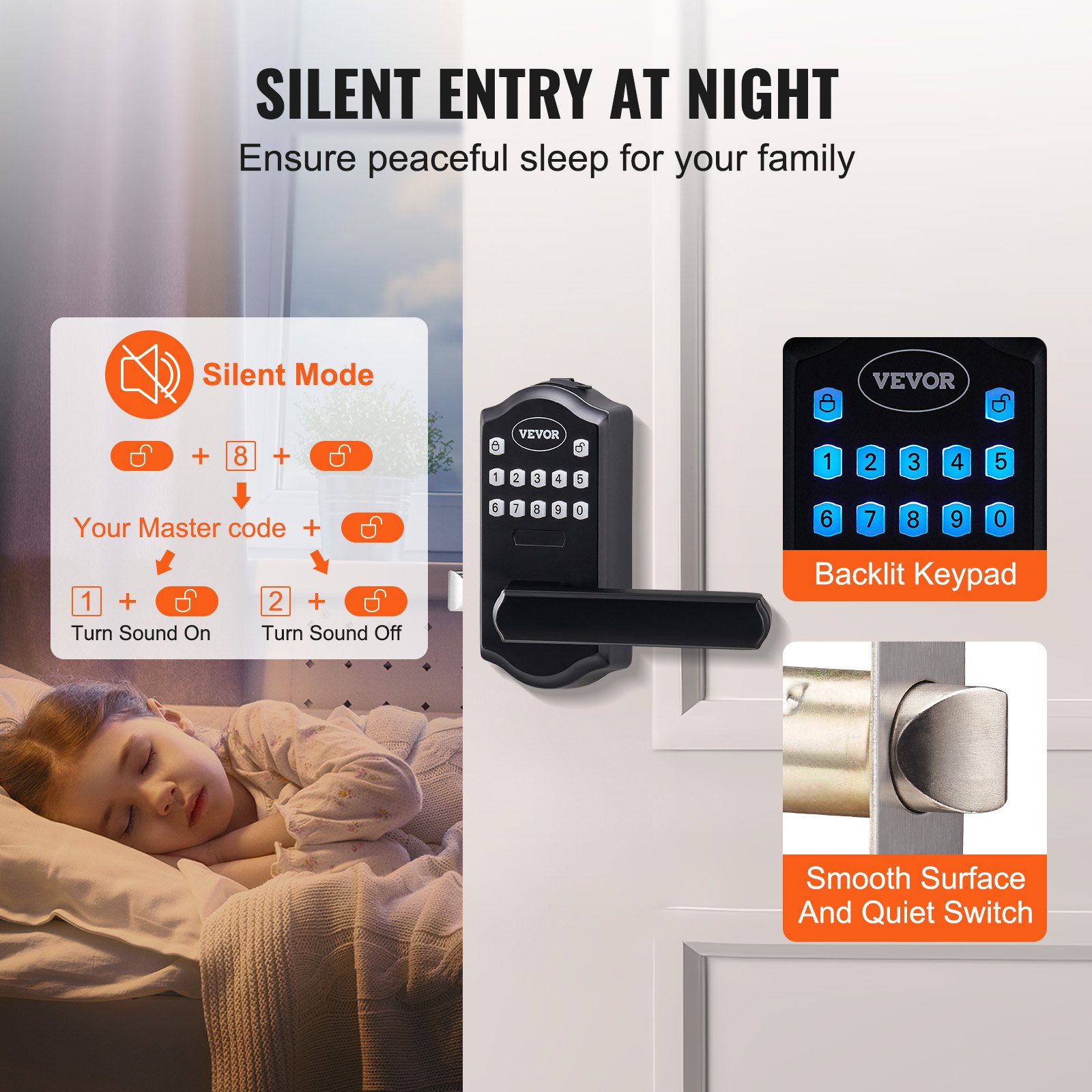 Cerradura de puerta de entrada sin llave VEVOR, configuraciones de modo silencioso, teclado retroiluminado, superficie lisa e interruptor silencioso.