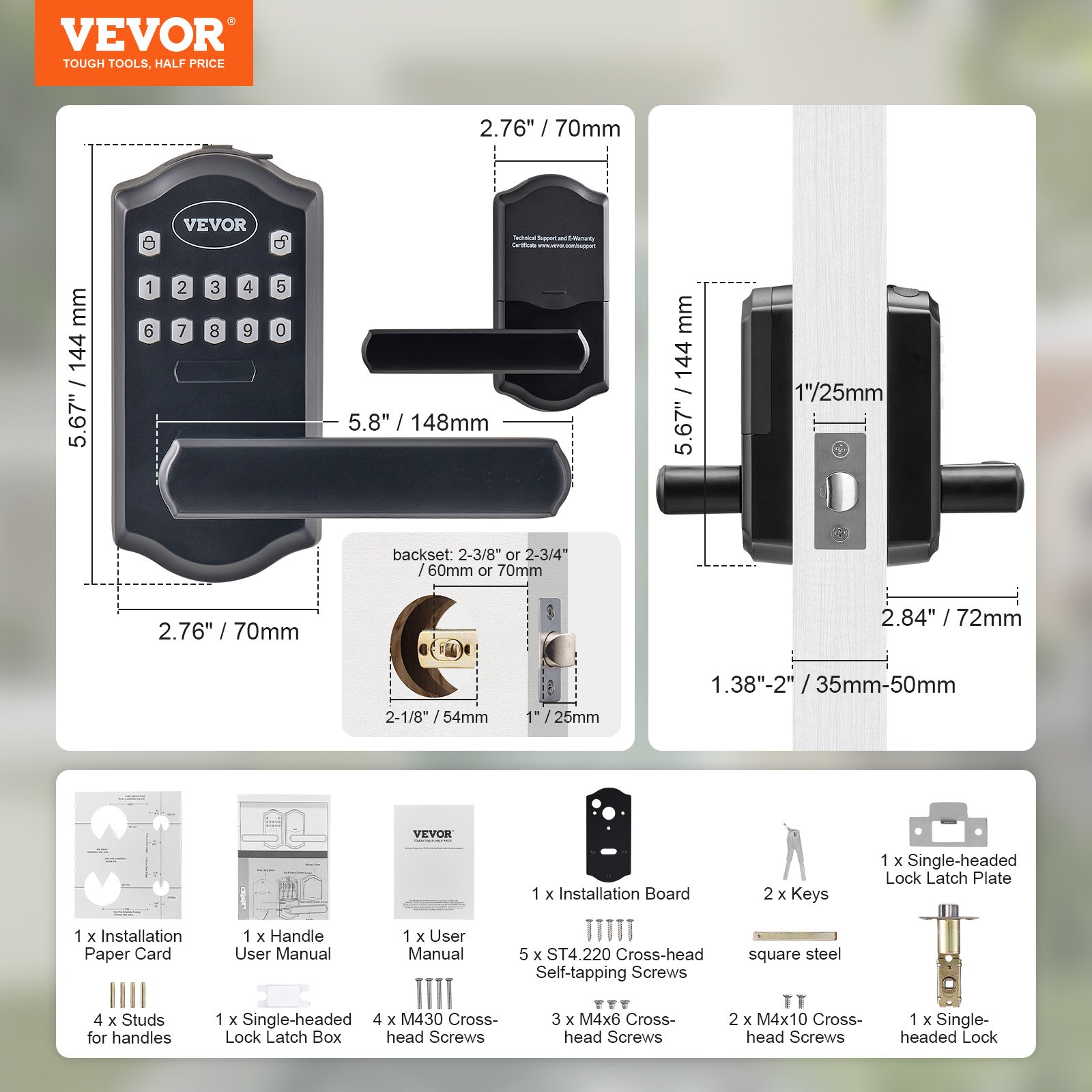 Cerradura de puerta de entrada sin llave VEVOR con teclado, manija, guía de instalación y dimensiones de accesorios.