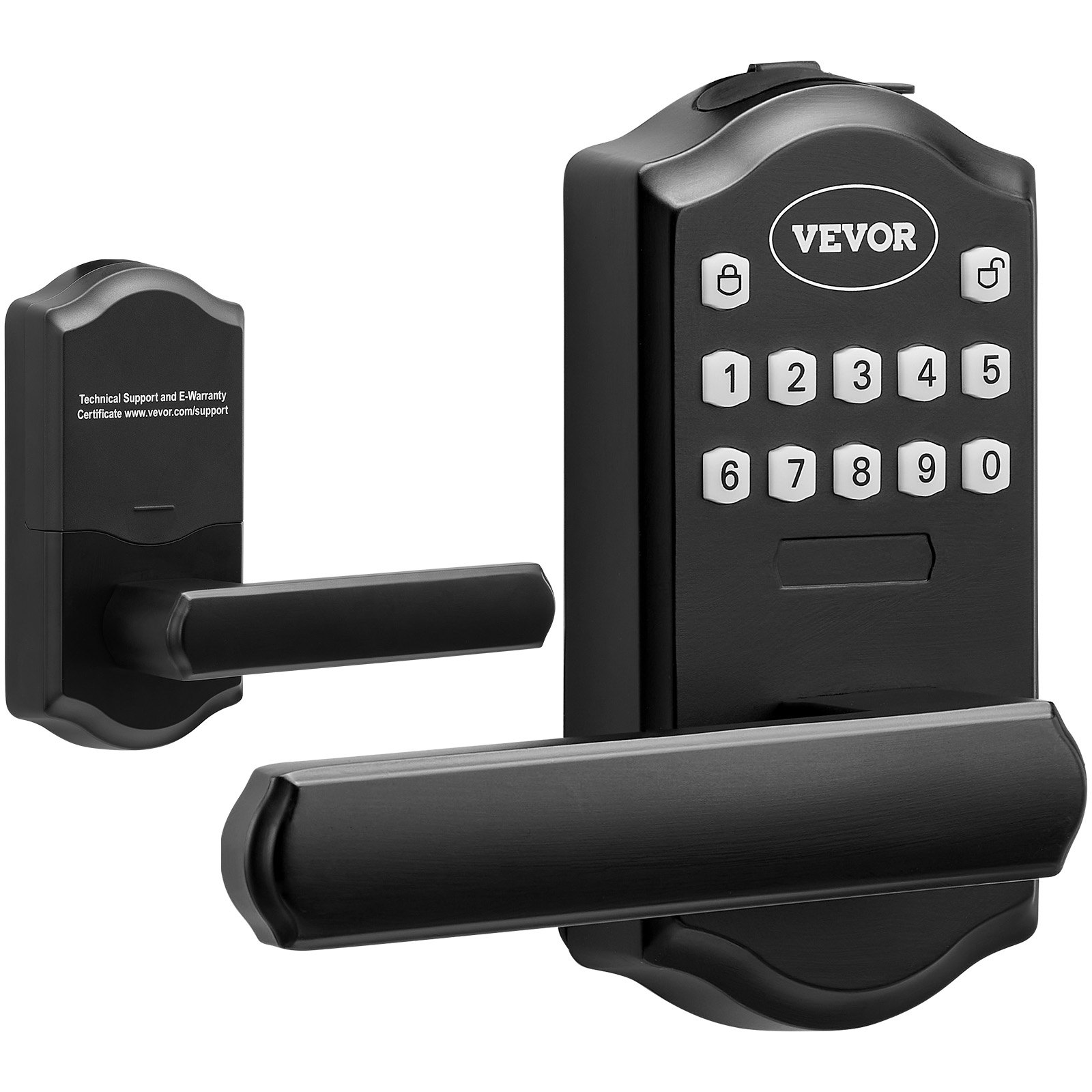 Cerradura de puerta de entrada sin llave VEVOR en acabado negro mate, con teclado numérico y manija de palanca.
