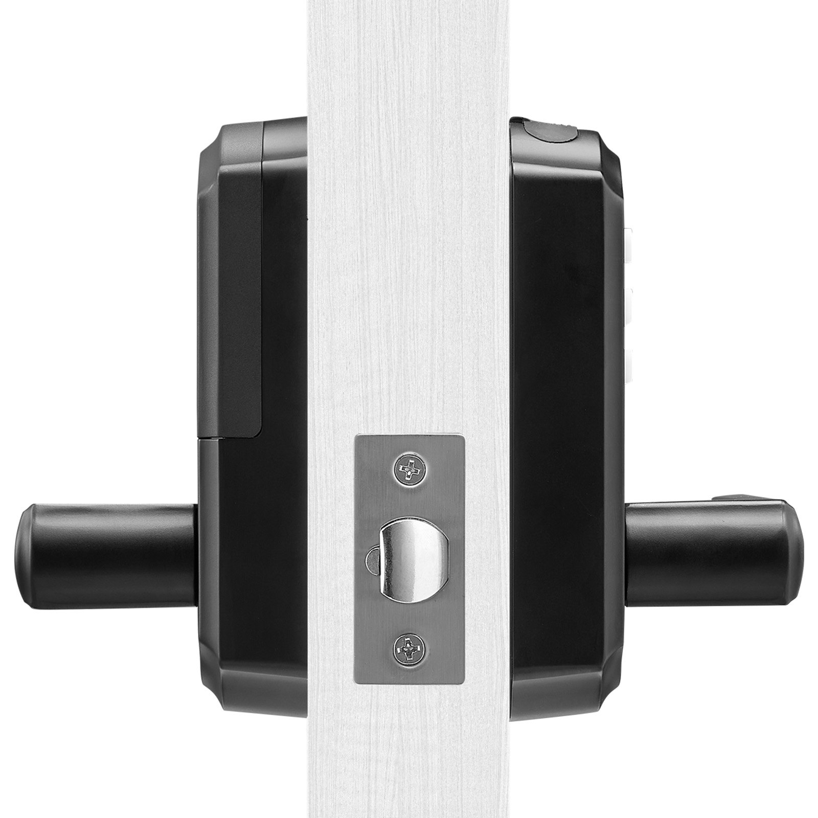 Cerradura de puerta de entrada sin llave VEVOR negra instalada en una puerta blanca, que muestra los componentes de la vista lateral.