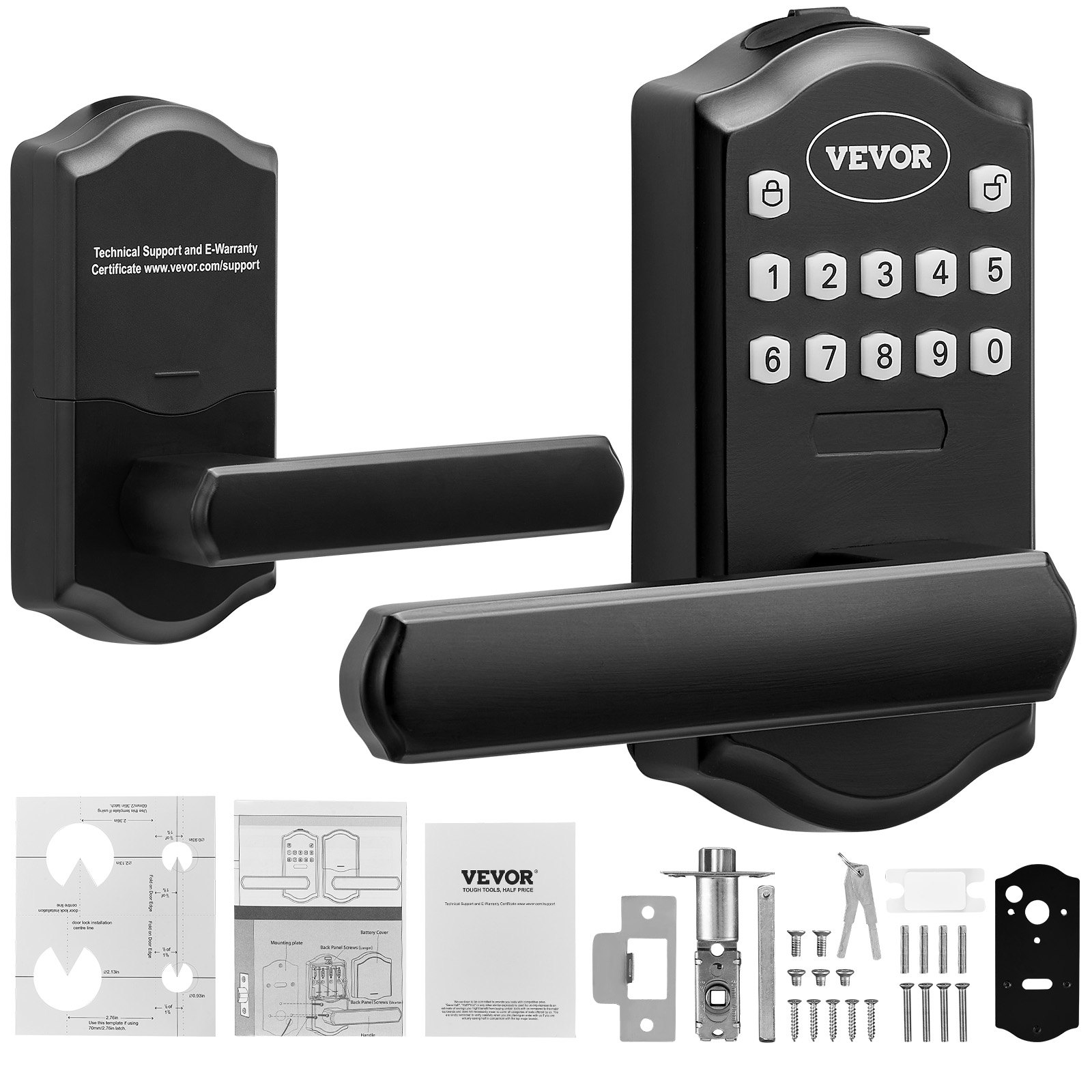Cerradura de puerta de entrada sin llave VEVOR con teclado, manijas de palanca y componentes de instalación.
